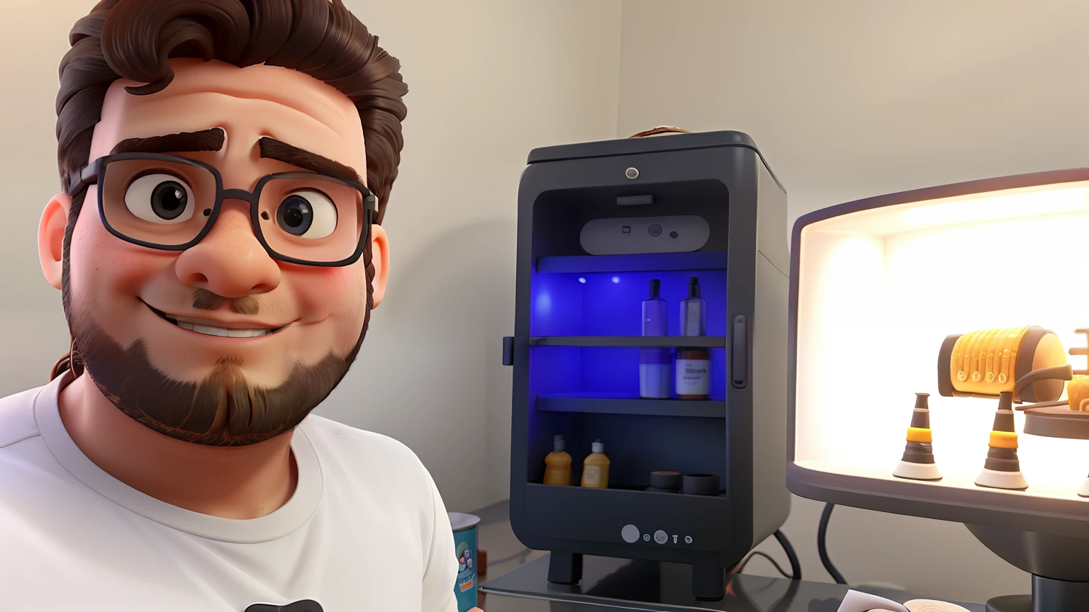 Um gordinho de cabelo cortado em volta de uma cadeira de barbeiroaltura de 1,70, illuminated by the light of a lamp, contra o pano de fundo de uma barbearia