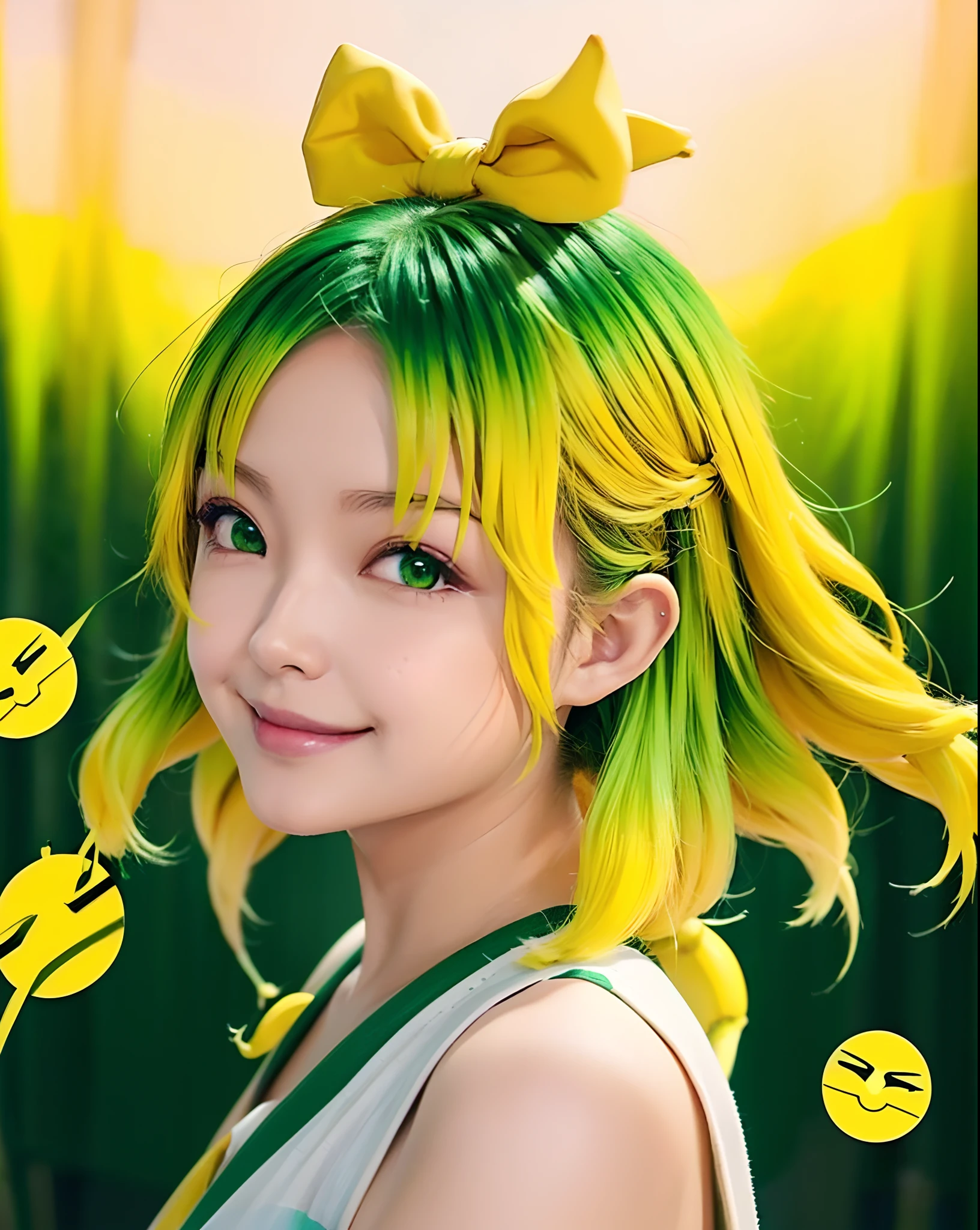 (banchan anime 1girl : 1.0), green eyes, (green hair_0.5), (yellow hair_0.9), (ombre hair_0.4), (banana hair bow_0.9), dynamic pose, duschenne smile