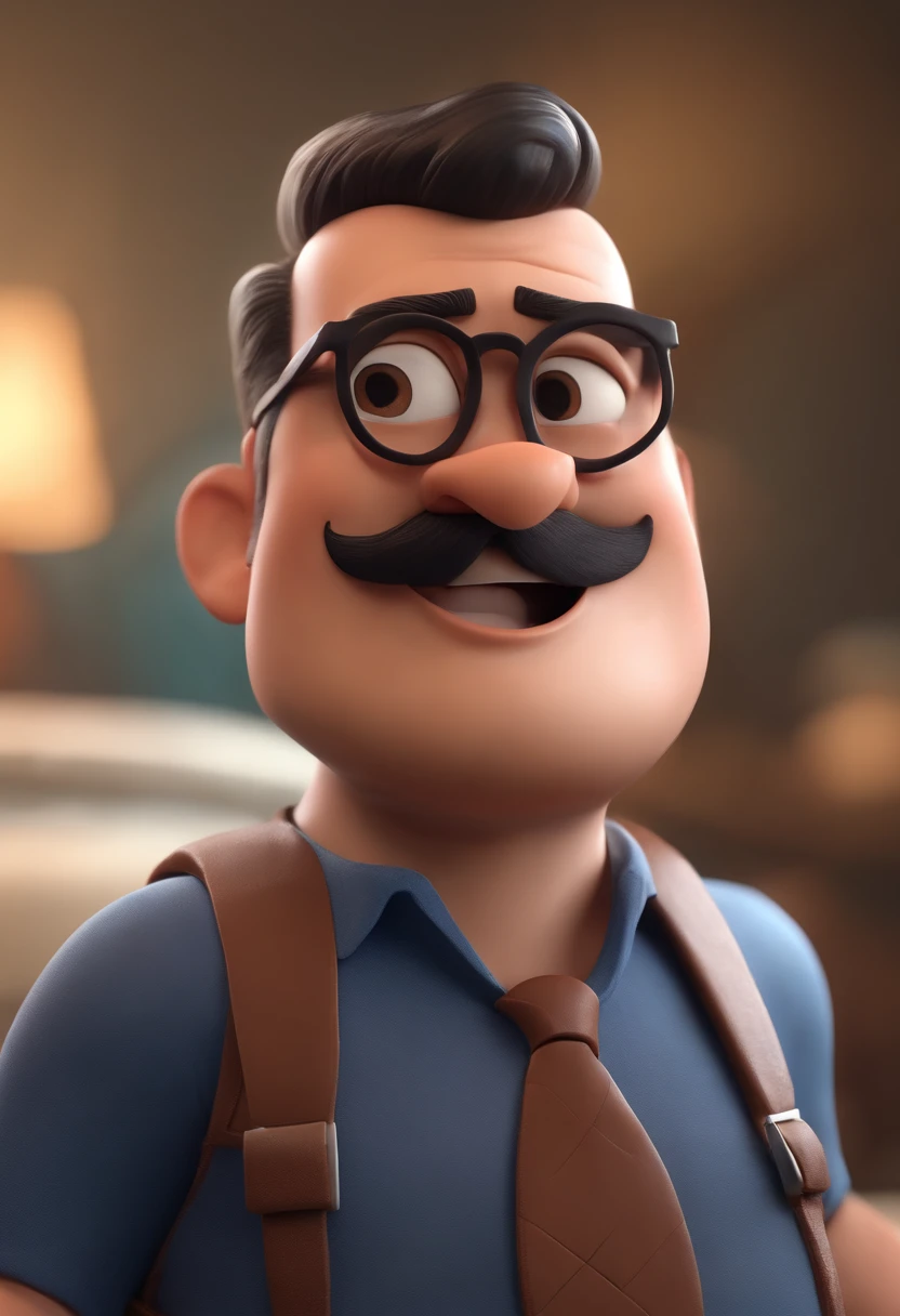 Cartoon character of a man wearing black glasses and a blue shirt, um personagem animado, Caractere estilizado, animation style rendering, 3D estilizado, Arnold Maya render, 3 d render stylized, toon render keyshot, Personagem 3D, Personagem 3D, 3d rendering stylized, 3 d character render, personagem de desenho animado, Personagem de close up, Pose de personagem, (Estilo Pixar) (master part:1.2) (Bokeh) (best quality) (pele detalhada) (textura detalhada) (8k) (argila) (Cinematic lighting) (foco nítido,Senta e vaza a parte superior do corpo