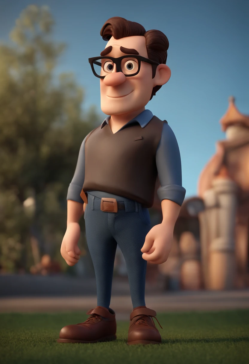 Cartoon character of a man wearing black glasses and a blue shirt, um personagem animado, Caractere estilizado, animation style rendering, 3D estilizado, Arnold Maya render, 3 d render stylized, toon render keyshot, Personagem 3D, Personagem 3D, 3d rendering stylized, 3 d character render, personagem de desenho animado, Personagem de close up, Pose de personagem, (Estilo Pixar) (master part:1.2) (Bokeh) (best quality) (pele detalhada) (textura detalhada) (8k) (argila) (Cinematic lighting) (foco nítido，Senta e vaza a parte superior do corpo