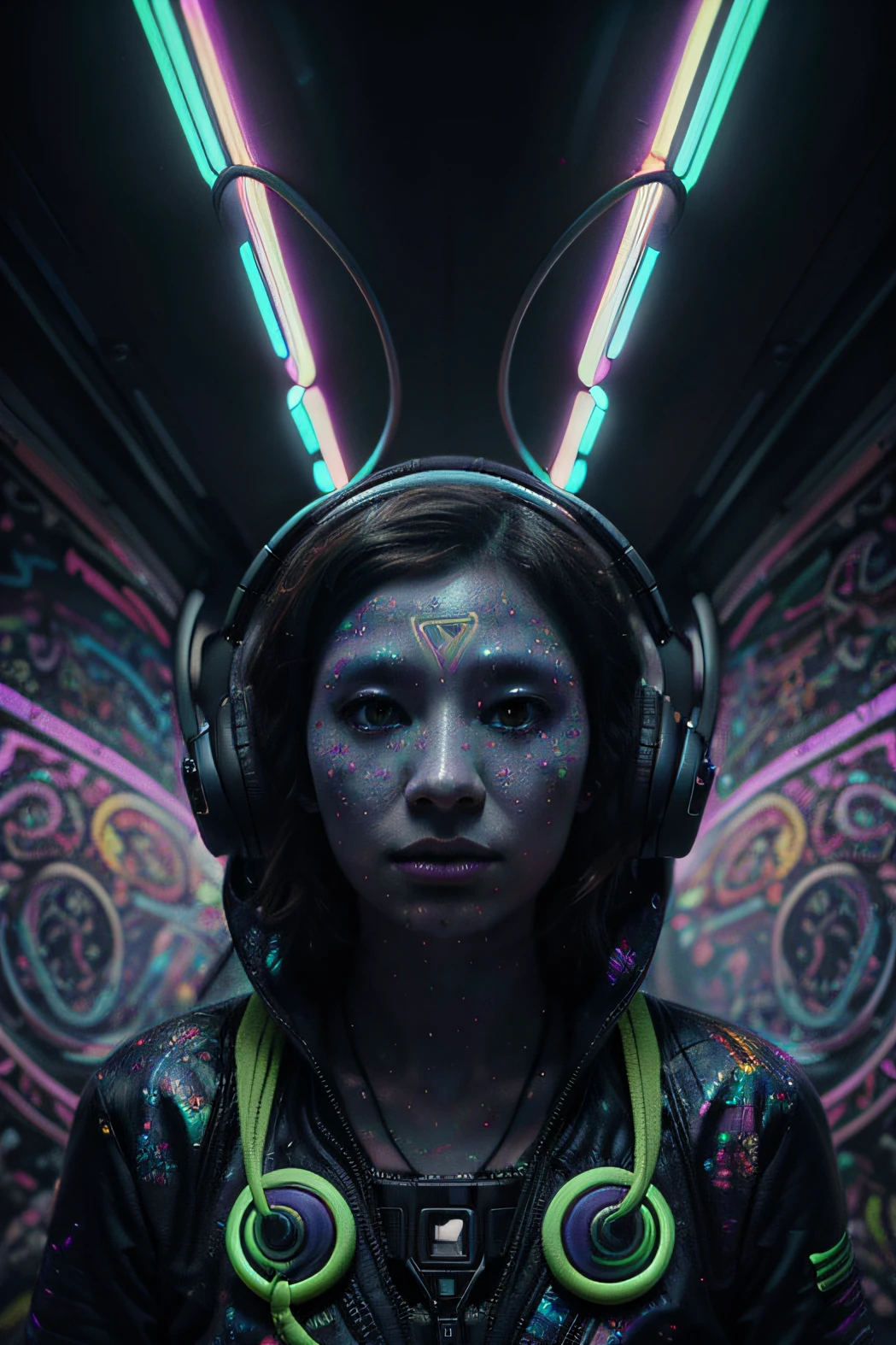 Papel de parede Alien Psy Trance com fones de ouvido, Stimulus to Art, cores vibrantes, Detailed alien creature, Swirling psychedelic patterns, neon lights, atmosfera estranha, Estilo de Arte Digital, 8K resolution