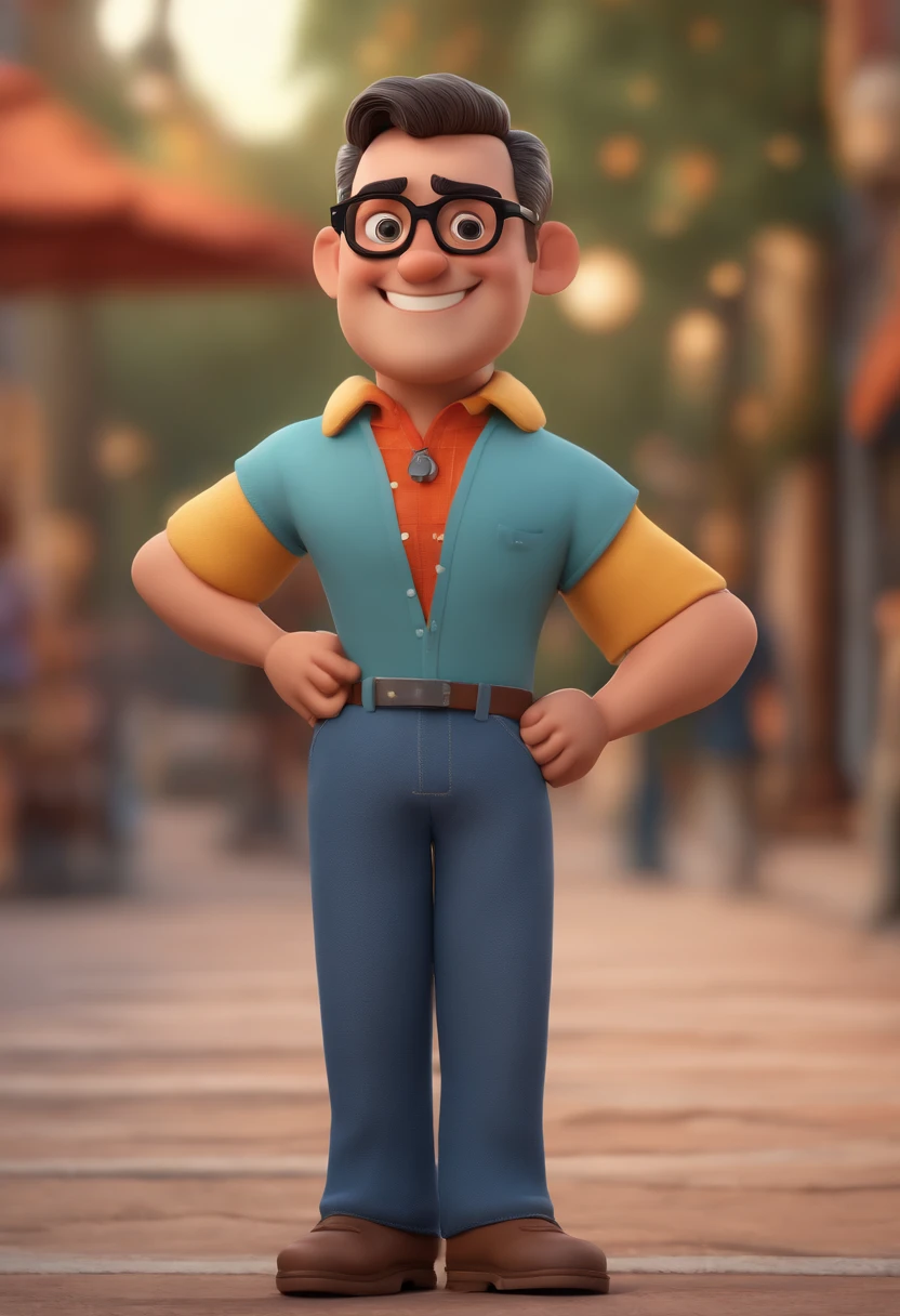 Cartoon character of a man with black glasses and a blue shirt, animation character, Caractere estilizado, animation style rendering, 3D estilizado, Arnold Maya render, 3 d render stylized, toon render keyshot, Personagem 3D, Personagem 3D, 3d rendering stylized, 3 d character render, personagem de desenho animado, Personagem de close up, Pose de personagem,  (Estilo Pixar) (master part:1.2) (Bokeh) (best quality) (pele detalhada) (textura detalhada) (8k) (argila) (Cinematic lighting) (foco nítido