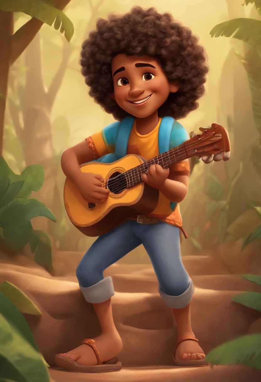 crie um banner no estilo Pixar. A boy with Indian features, moreno pardo com cabelos curtos, Castanhos escuros, Curly and slightly grayish appearance, mas jovem, usando uma camiseta, Wearing jeans and holding a classical guitar with 7 strings.