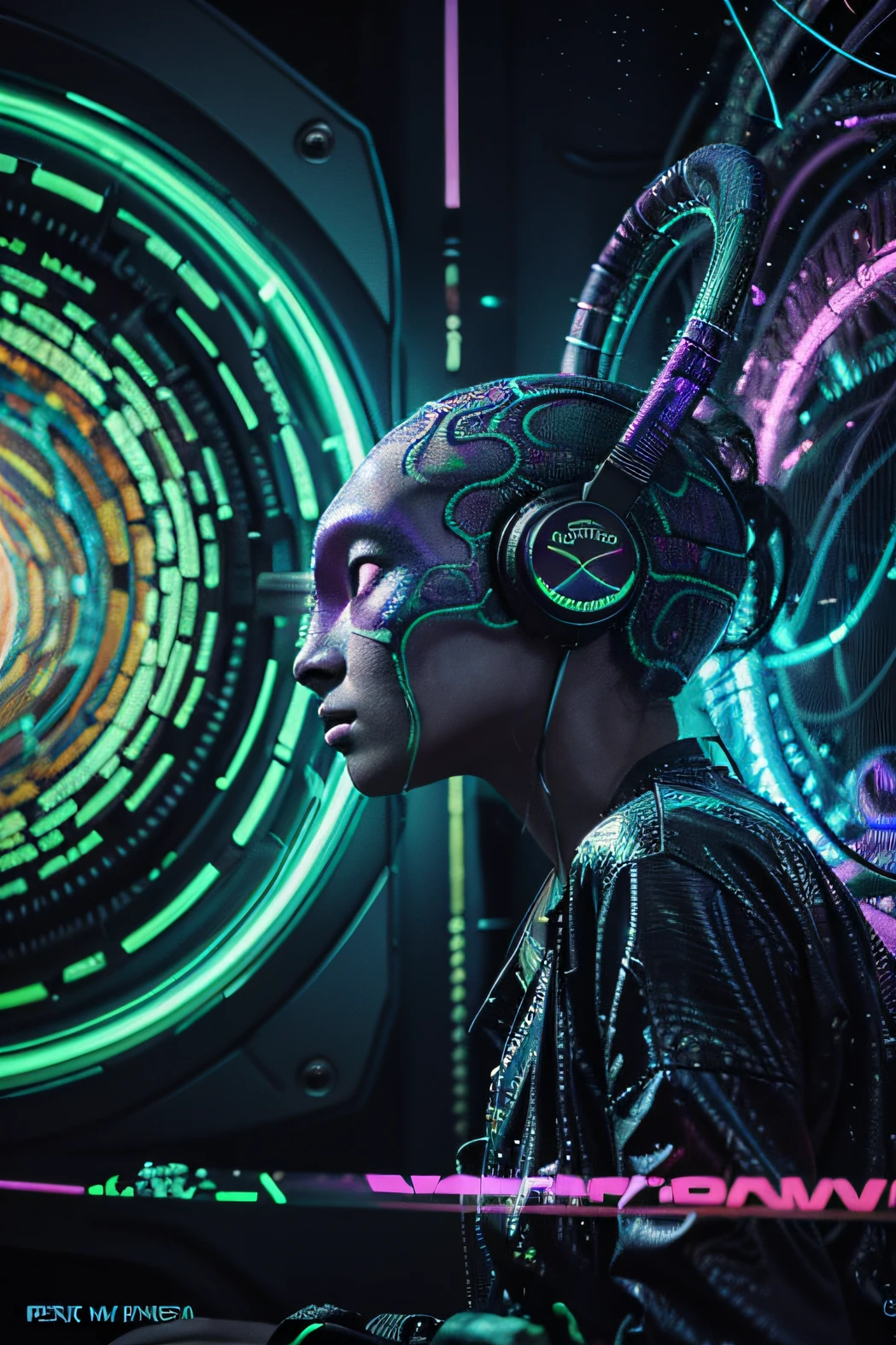 Papel de parede Alien Psy Trance com fones de ouvido, Stimulus to Art, cores vibrantes, Detailed alien creature, Swirling psychedelic patterns, neon lights, atmosfera estranha, Estilo de Arte Digital, 8K resolution