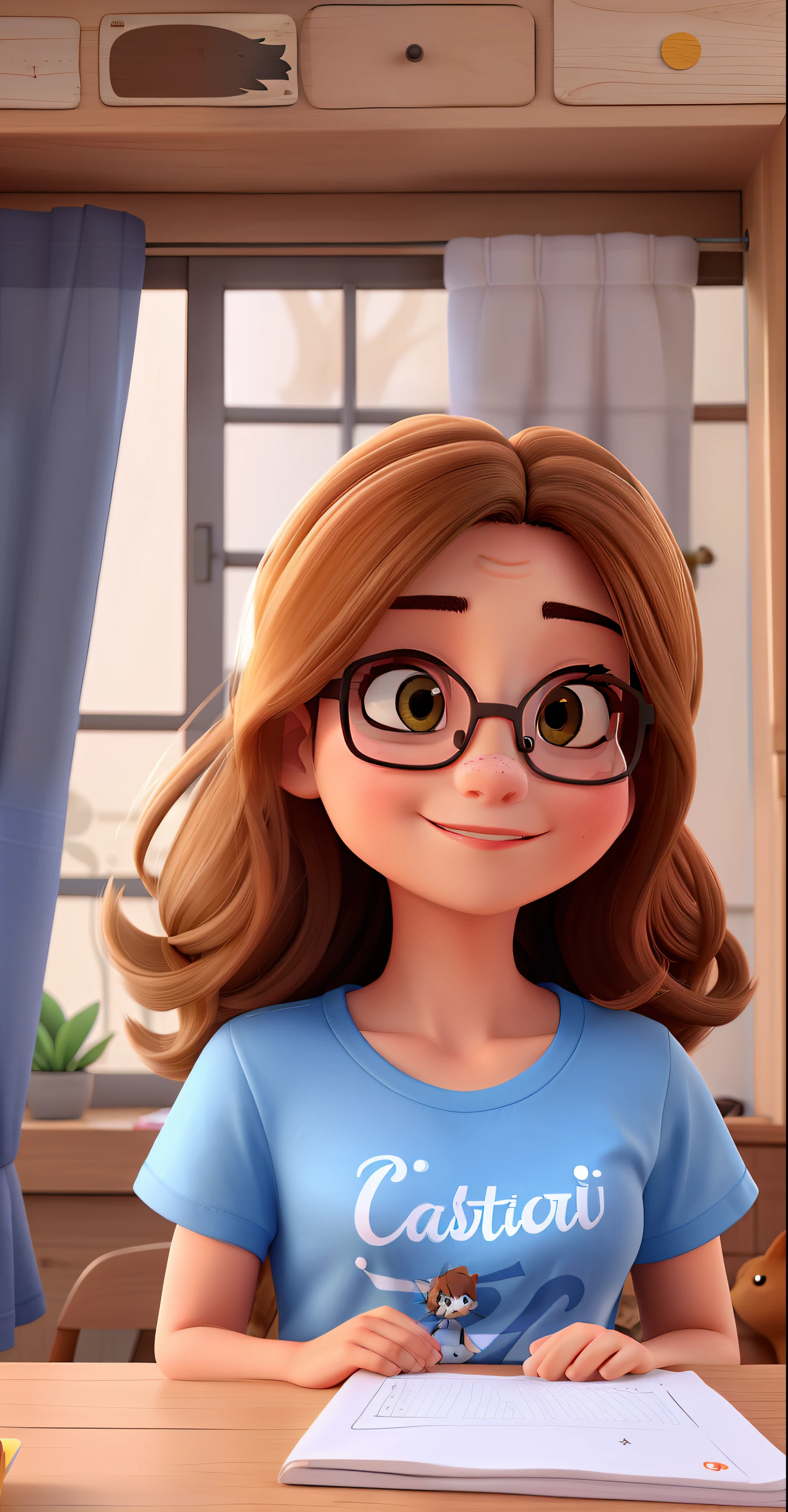 Beautiful woman, 40 anos, cabelo castanho liso, olhos castanhos escuros, glasses, vestindo uma camiseta com um gato desenhado nela