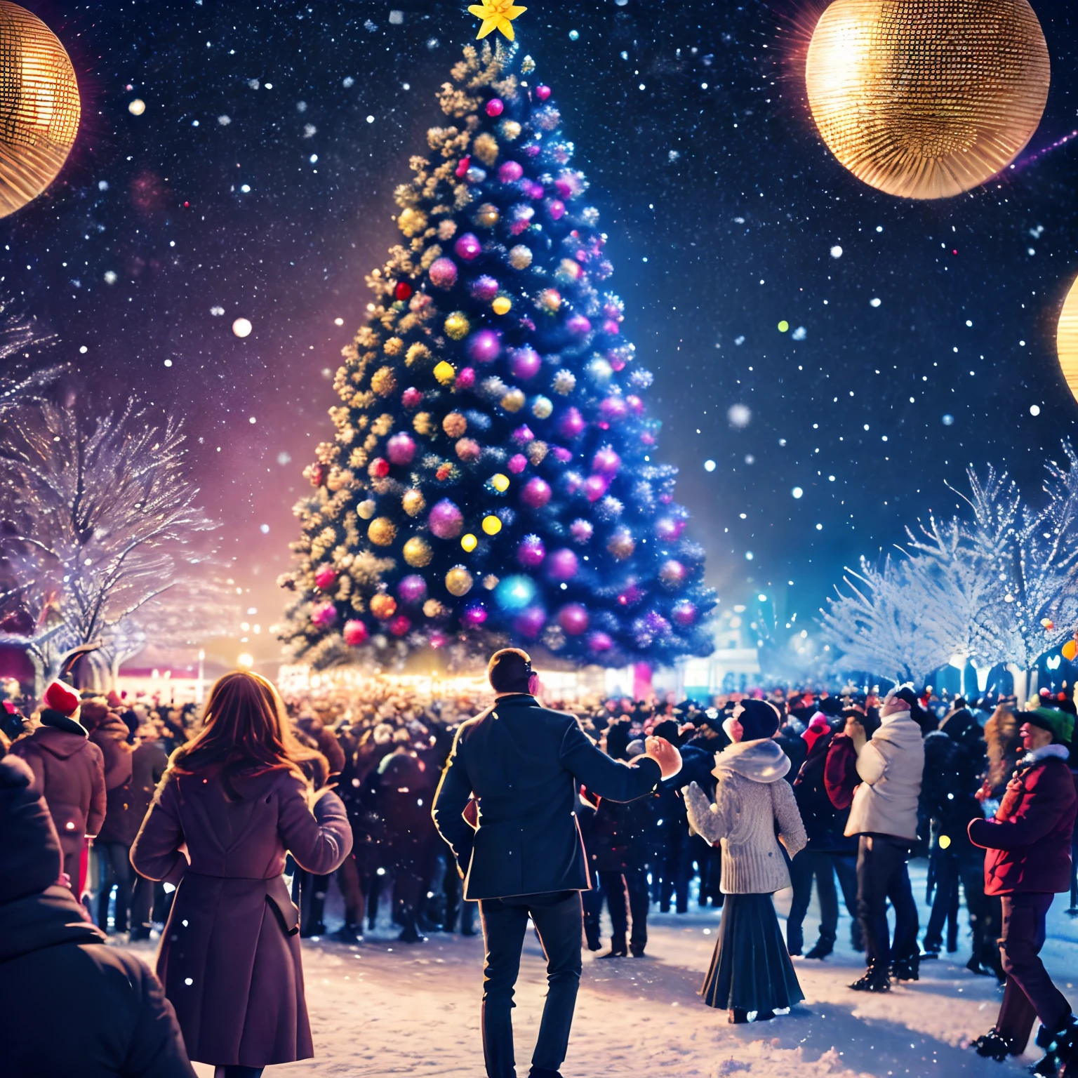 New Year's Eve Party, guy, Retro Club, Christmas, winter, snowing, Disco Ball, joying, vibe, Cinematic, Realism, vibrant lights, cover art, is beautiful, many people, Dance, Christmas tree garland