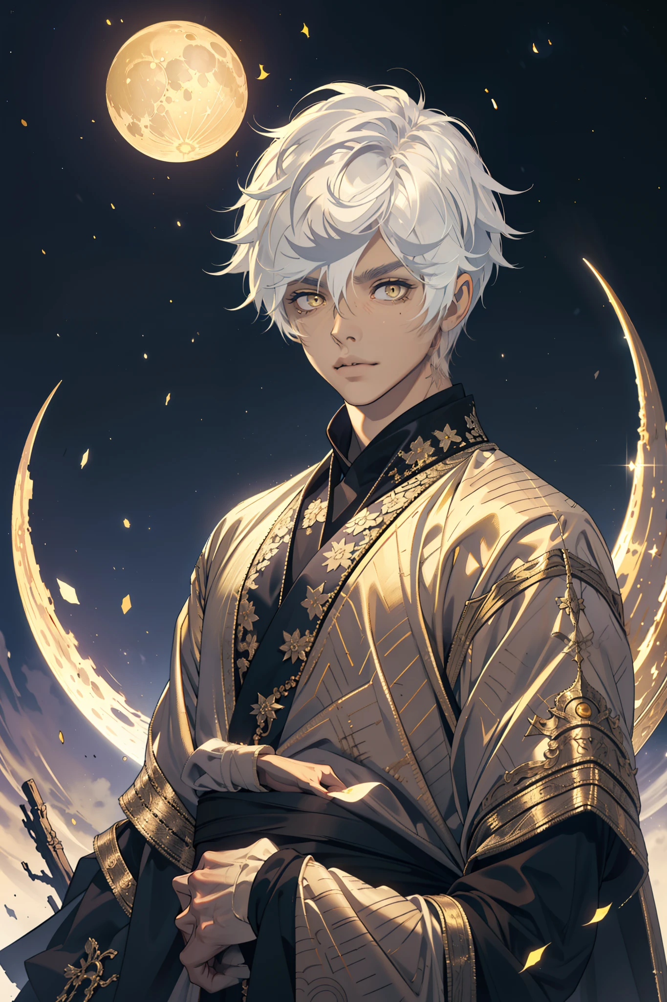 masterpiece, best quality, high quality, 1boy, solo, male focus, looking at viewer, upper body, gabimaru, white hair, yellow eyes, shiny moon, halloween theme, fancy clothes, hyperrealist sky, universe background