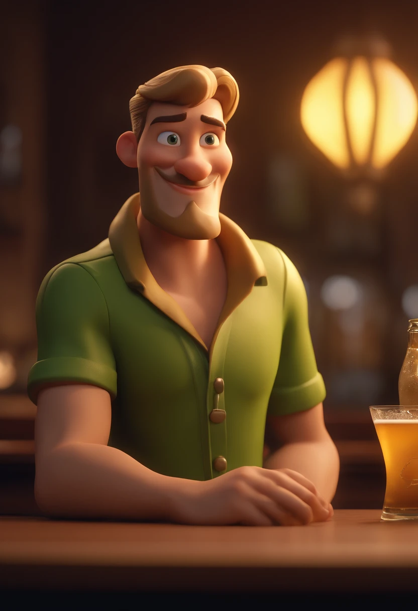 cartoon character of a thin man with short blond hair, short beard, green eyes, green shirt, with a glass of beer in his hand, behind a counter of an Irish-style bar with the yellowish lights, animation character, character stylized, animation style rendering, 3d stylized, Arnold Maya rendering, stylized 3d rendering, toon keyshot rendering, 3d character, 3d character, stylized 3d rendering, 3d character rendering, cartoon character,0 Character Pose, (Pixar style) (Masterpiece: 1.2 ) (Bokeh) (best quality) (detailed skin) (detailed texture) (8k) (clay) (Yellowish cinematic lighting) (sharp focus, Pixar Disney style.