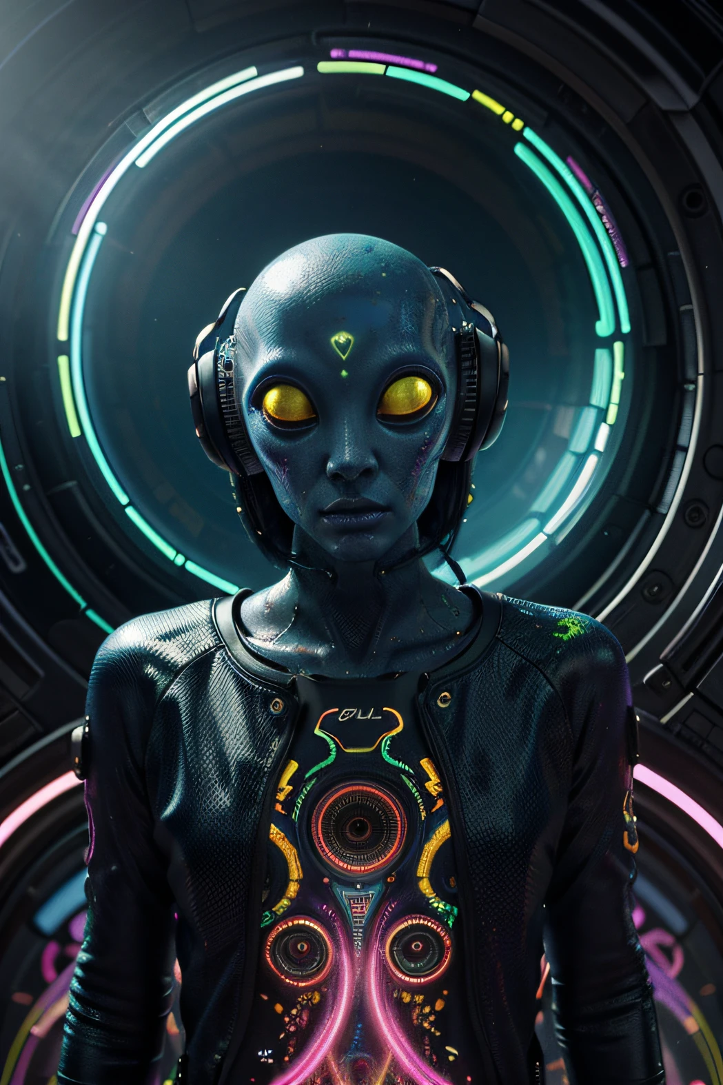 Papel de parede Alien Psy Trance com fones de ouvido, Stimulus to Art, cores vibrantes, Detailed alien creature, Swirling psychedelic patterns, neon lights, atmosfera estranha, Estilo de Arte Digital, 8K resolution