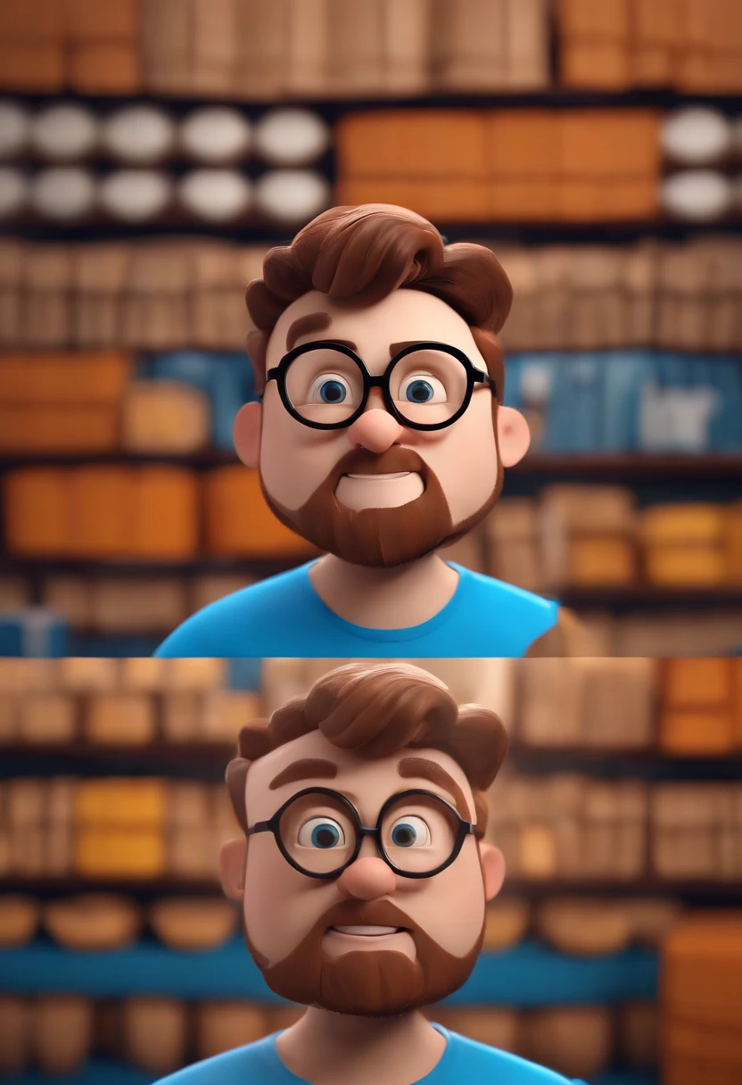 Cartoon character of a man wearing black glasses and a blue shirt, um personagem animado, Caractere estilizado, animation style rendering, 3D estilizado, Arnold Maya render, 3 d render stylized, toon render keyshot, Personagem 3D, Personagem 3D, 3d rendering stylized, 3 d character render, personagem de desenho animado, Personagem de close up, Pose de personagem, (Estilo Pixar) (master part:1.2) (Bokeh) (best quality) (pele detalhada) (textura detalhada) (8k) (argila) (Cinematic lighting) (foco nítido,Senta e vaza a parte superior do corpo