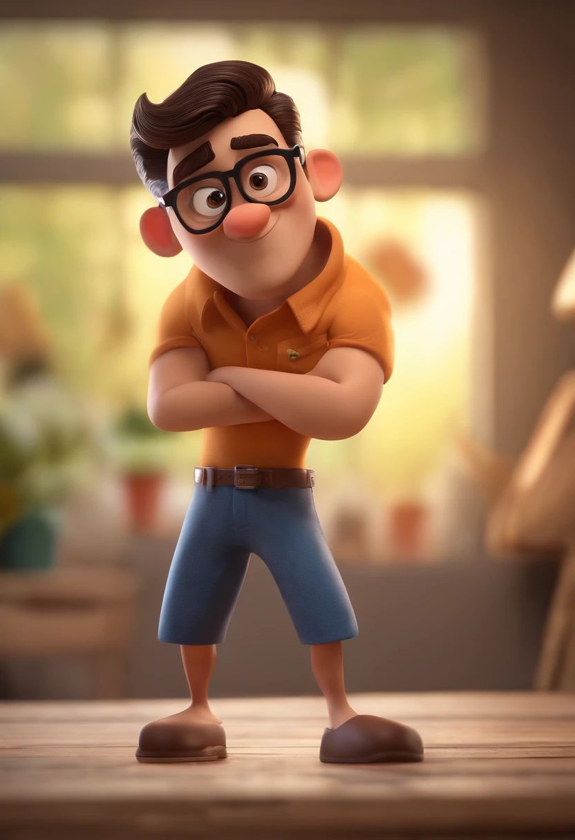 Cartoon character of a man wearing black glasses and a blue shirt, um personagem animado, Caractere estilizado, animation style rendering, 3D estilizado, Arnold Maya render, 3 d render stylized, toon render keyshot, Personagem 3D, Personagem 3D, 3d rendering stylized, 3 d character render, personagem de desenho animado, Personagem de close up, Pose de personagem, (Estilo Pixar) (master part:1.2) (Bokeh) (best quality) (pele detalhada) (textura detalhada) (8k) (argila) (Cinematic lighting) (foco nítido,Senta e vaza a parte superior do corpo