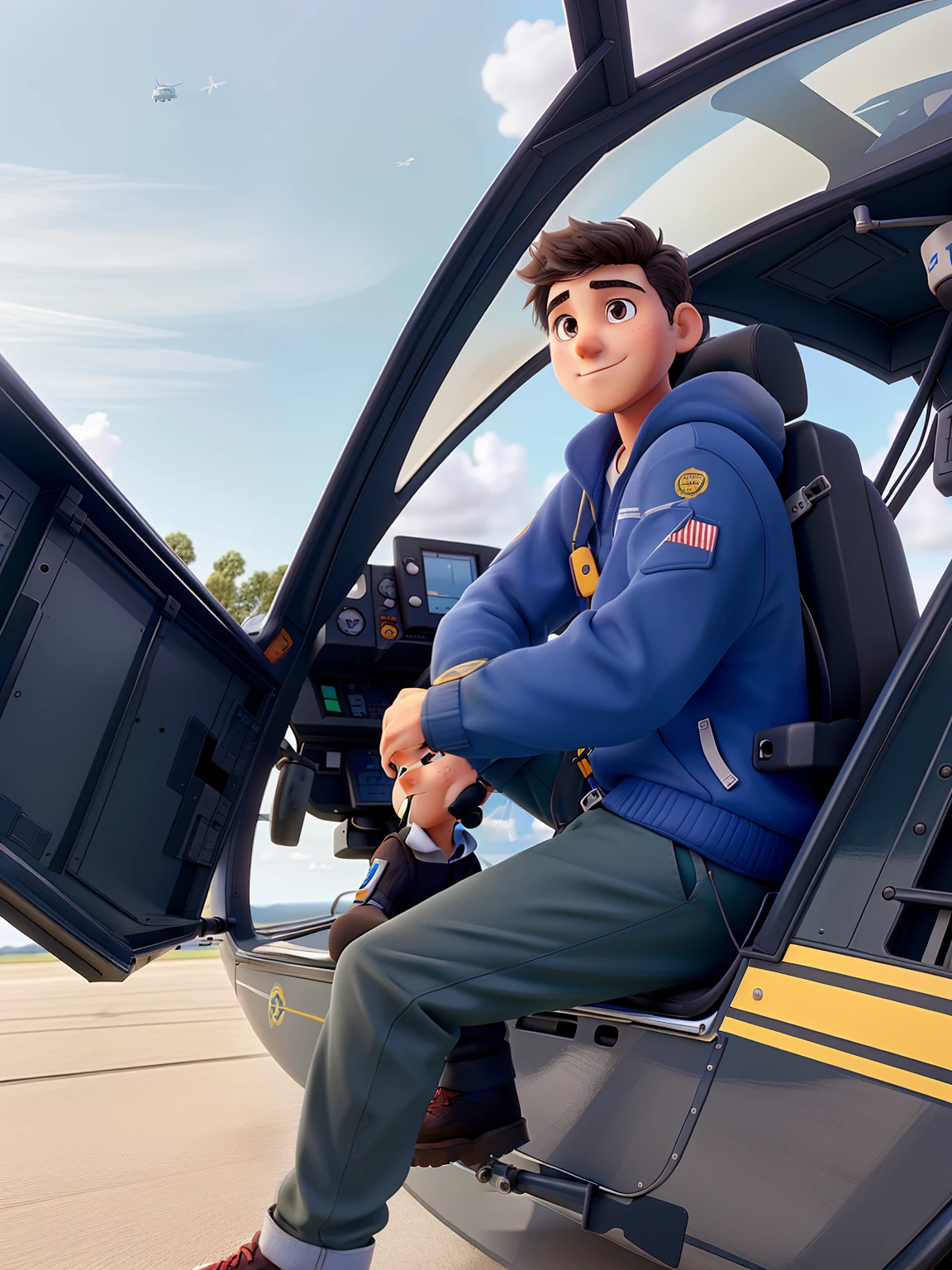 A young entrepreneur sitting inside a helicopter standing still with the door open and his feet sticking out of the helicopter posing for a photo admiring the sky