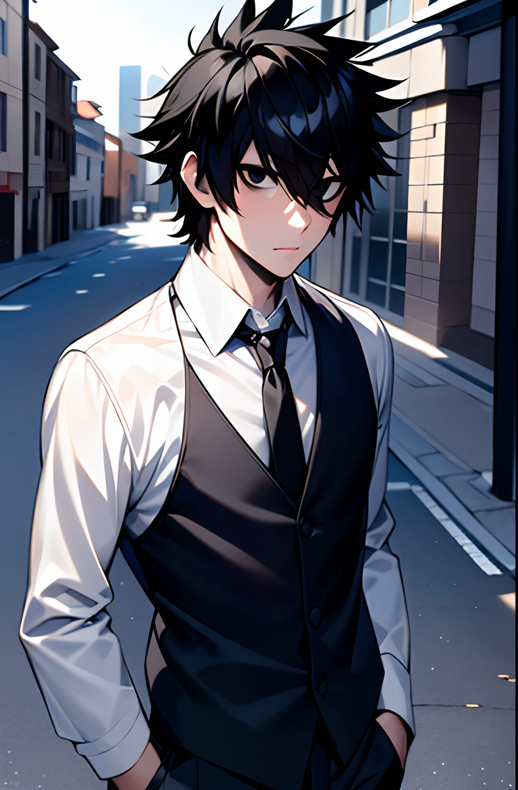 (masterpiece,best quality, detailed), 1boy, male focus, looking at viewer, upper body, outdoors, street,
l lawliet, formal, black suit, necktie