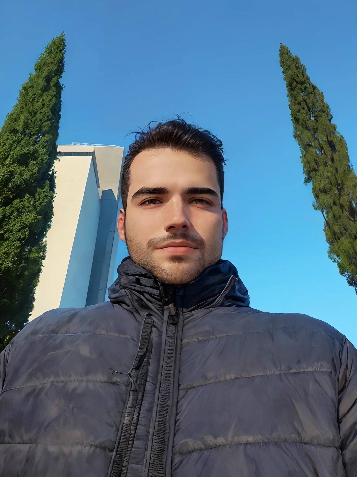 Man in jacket standing in front of a tall tree, Fotografia selfie 8k, imagem frontal, edin durmisevic, foto de perfil profissional, Alexandros Pyromallis, imagem de qualidade muito baixa, Michal, Aykut Aydogdu, Retrato Grande Angular, album photo, trees in the background, Jorge Patsouras