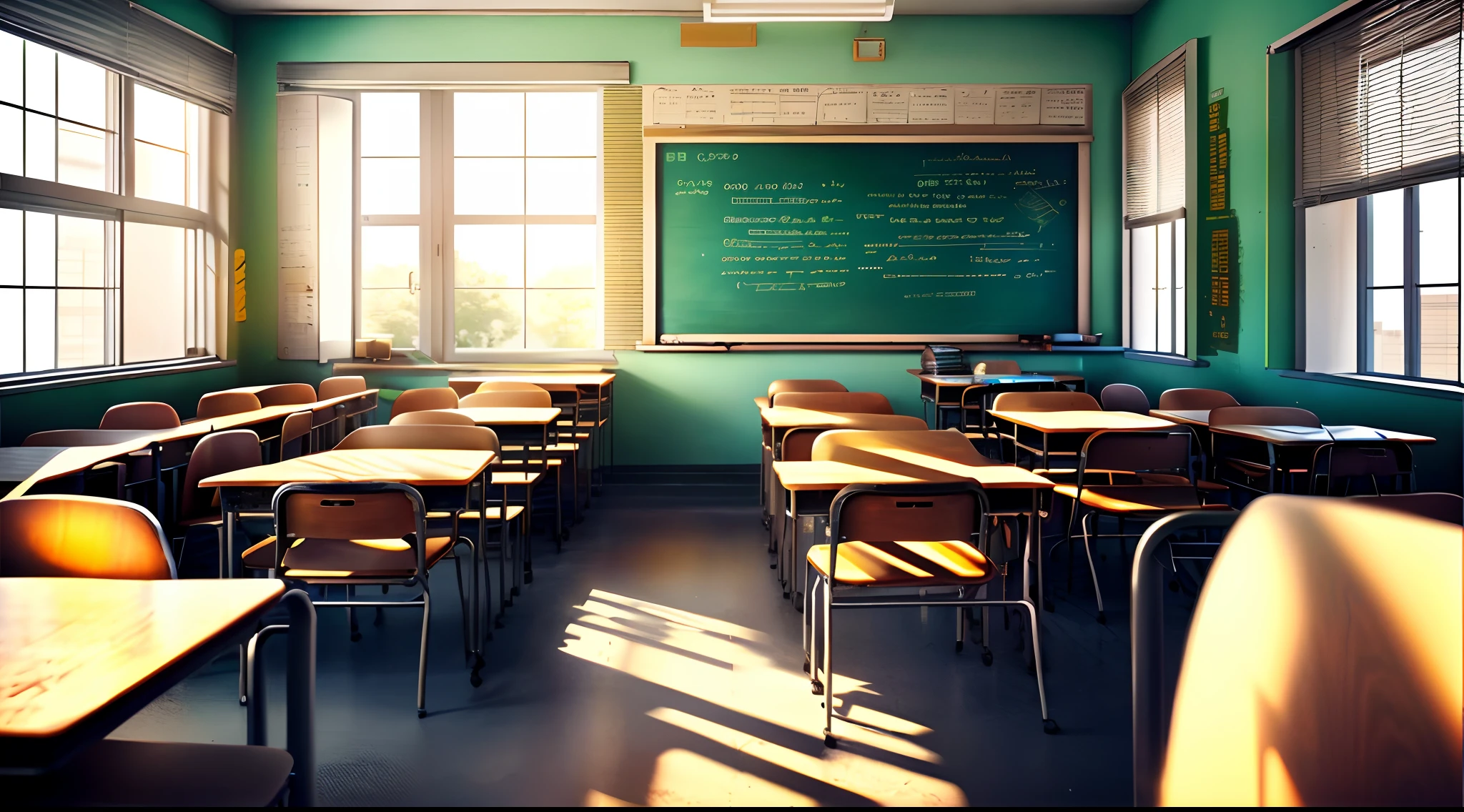 There are plenty of desks and chairs in the classroom with a blackboard, School Classroom, Classroom Background, In the school classroom, classroom in background, inside elementary school, Classroom, Classe escolar, In a classroom, Photos of the classroom, Sitting in the classroom, typical anime classroom, istock, High school, detailed school background, shutter inventory, stockphoto, Realistic afternoon lighting