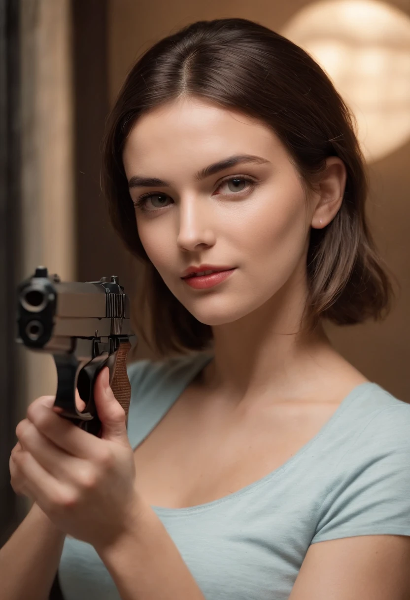 Fotos, (fotorrealista: 1.4), (hiper-realista: 1.4), (cinemactic: 1.5), mulher na casa dos 20 anos, celta, Mulher com uma arma, (Desert Eagle), Nikita, Noite, luz azul, tension, short hair, Holding a gun in two hands, cave, camiseta preta, Electric cord on the wall, water pipe