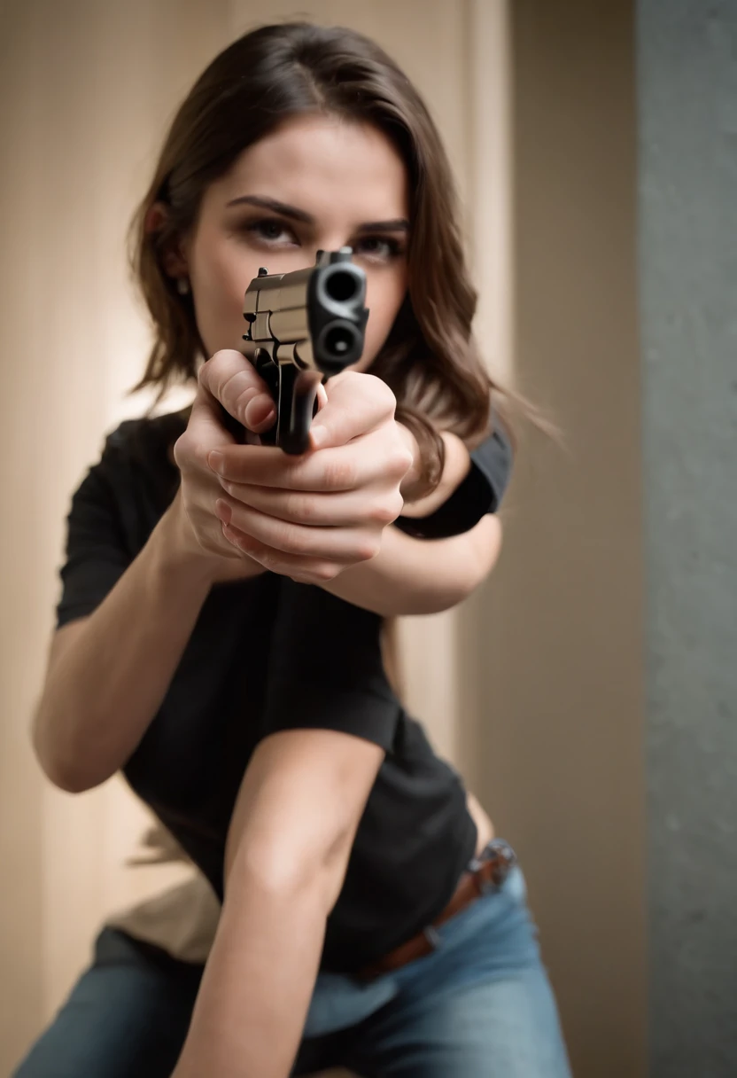 Fotos, (fotorrealista: 1.4), (hiper-realista: 1.4), (cinemactic: 1.5), mulher na casa dos 20 anos, celta, Mulher com uma arma, (Desert Eagle), Nikita, Noite, luz azul, tension, short hair, Holding a gun in two hands, cave, camiseta preta, Electric cord on the wall, water pipe