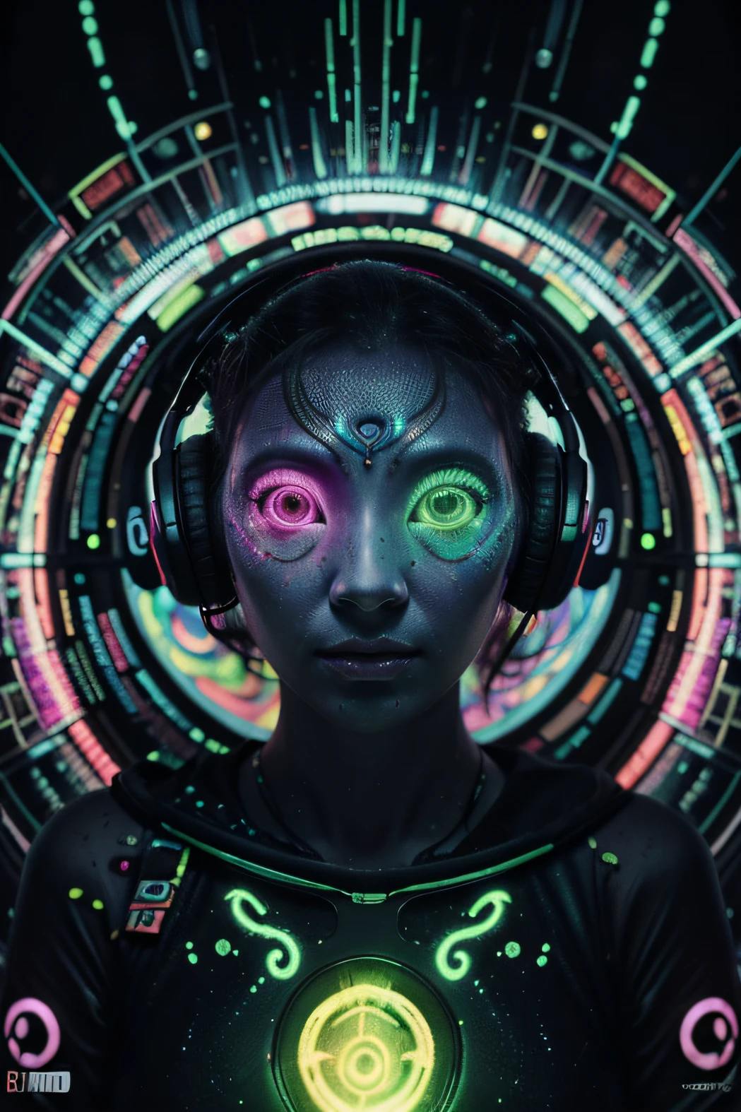 Papel de parede Alien Psy Trance com fones de ouvido, Stimulus to Art, cores vibrantes, Detailed alien creature, Swirling psychedelic patterns, neon lights, atmosfera estranha, Estilo de Arte Digital, 8K resolution