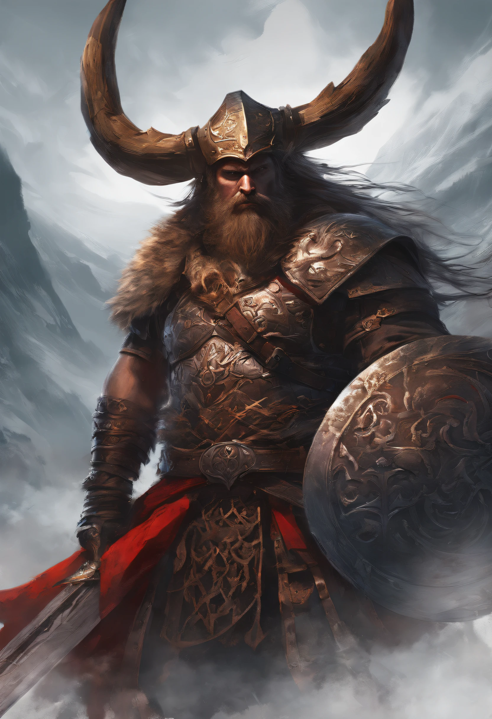 Tall savage warrior man, boar themed, detailed armor, old engraved leather Cuirass, intricate designs on the Cuirass, intricate Cuirass engravings, imposing and powerful stance, fierce expression, red wild mane braided hair and beard, dynamic pose, intense battle scene, fantasy setting, vibrant colors, dramatic lighting, epic atmosphere, mythical creatures in the background, sword and viking shield, attention to anatomy and facial features, iconic use of highlights and shadows, capturing emotion, masterful composition