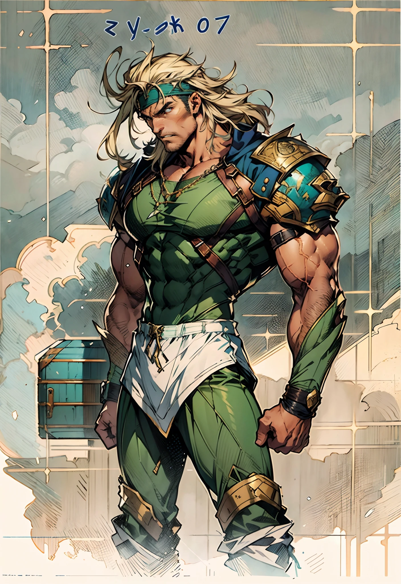 A middle-aged man, dark green long hair, wildly disheveled and exaggerated hairstyle, a headband, no eyebrows, a stern gaze, a well-defined facial structure, a tall and muscular physique, a fantasy-realistic style outfit, only a half-length windbreaker coat, sleeveless, revealing sturdy abdominal muscles, wearing wrist guards adorned with sharp teeth, matching trousers with the outfit, standing like a deity, dark clouds gathering in the sky, flashes of lightning and thunder, wild winds swirling around, this character embodies a finely crafted fantasy-style wild overlord in anime style, characterized by an exquisite and mature manga illustration art style, high definition, best quality, highres, ultra-detailed, ultra-fine painting, extremely delicate, professional, anatomically correct, symmetrical face, extremely detailed eyes and face, high quality eyes, creativity, RAW photo, UHD, 8k, Natural light, cinematic lighting, masterpiece-anatomy-perfect, masterpiece:1.5