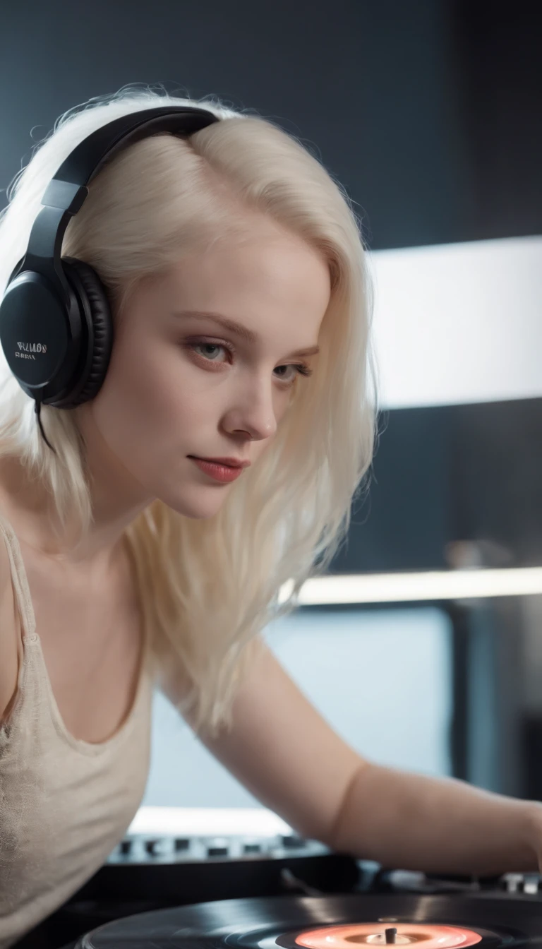 make a wonderful 20 year old albino girl in night clothes working as a Dj at night, with a brown birthmar k in your arm like 2 stars one bigger and one smaller. she is attractive. have a long hair. Gray knit tank top