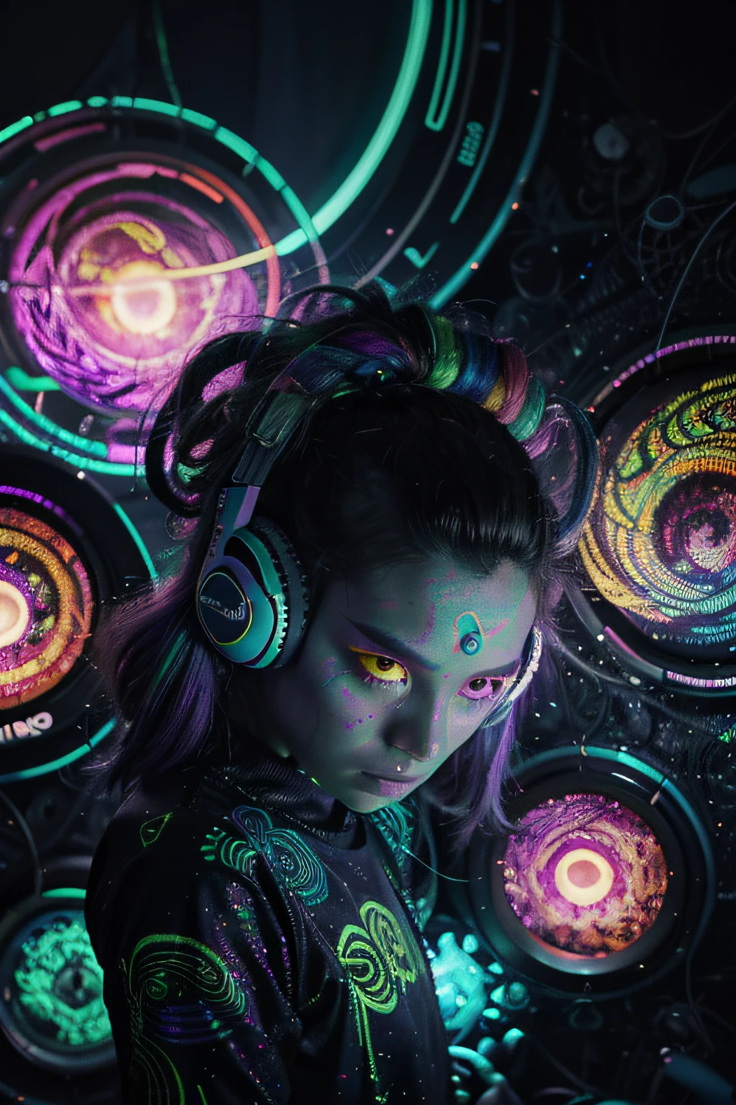 Papel de parede Alien Psy Trance com fones de ouvido, Stimulus to Art, cores vibrantes, Detailed alien creature, Swirling psychedelic patterns, neon lights, atmosfera estranha, Estilo de Arte Digital, 8K resolution