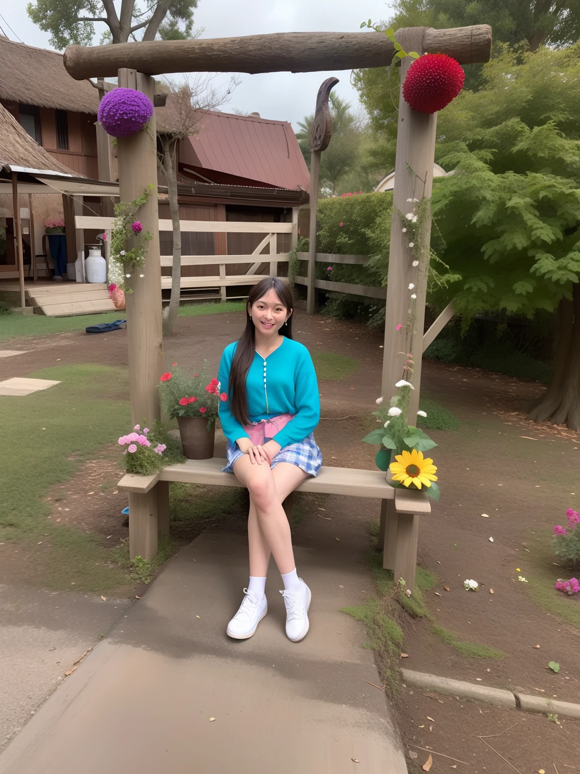 There's a woman sitting on a bench with flowers in front of her, sentado com flores, Alice participa da Mad Tea Party, 🤠 usando um 🖥, sentado em uma floresta colorida, vacation photo, com um parque ao fundo, sitting on a rocking chair, giant alice in wonderland, tomada em 2 0 2 0, background is celestial, sentado em um trono ornamentado