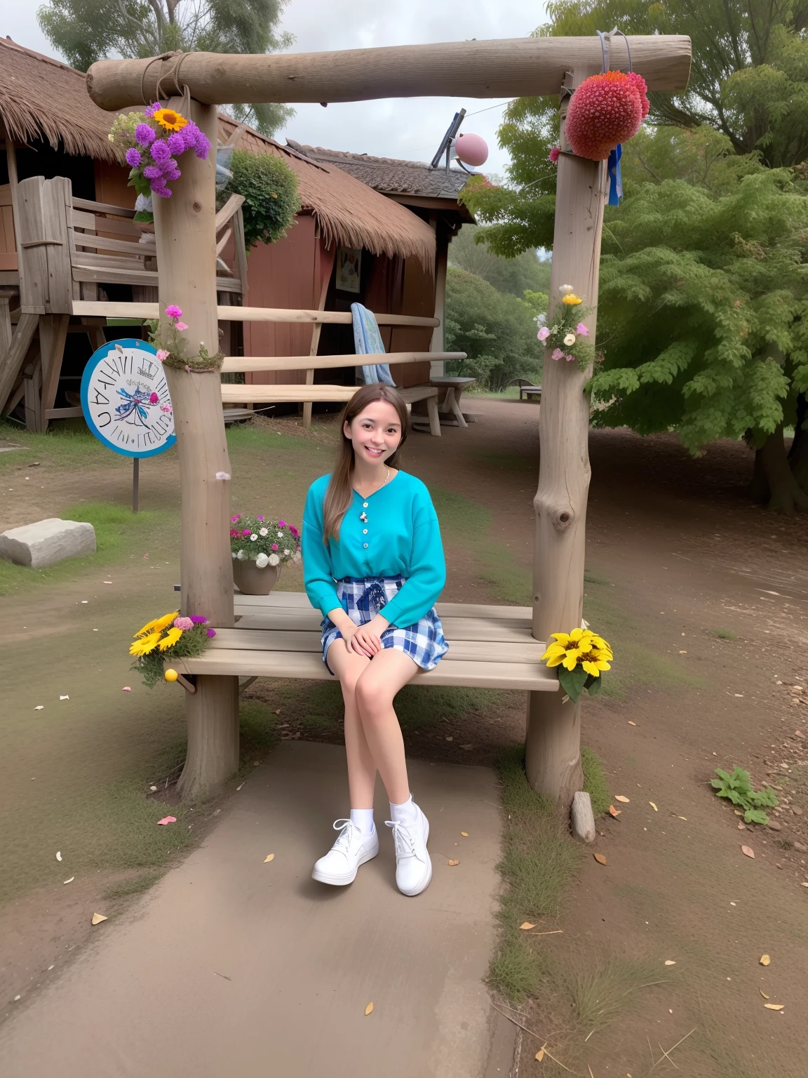 There's a woman sitting on a bench with flowers in front of her, sentado com flores, Alice participa da Mad Tea Party, 🤠 usando um 🖥, sentado em uma floresta colorida, vacation photo, com um parque ao fundo, sitting on a rocking chair, giant alice in wonderland, tomada em 2 0 2 0, background is celestial, sentado em um trono ornamentado