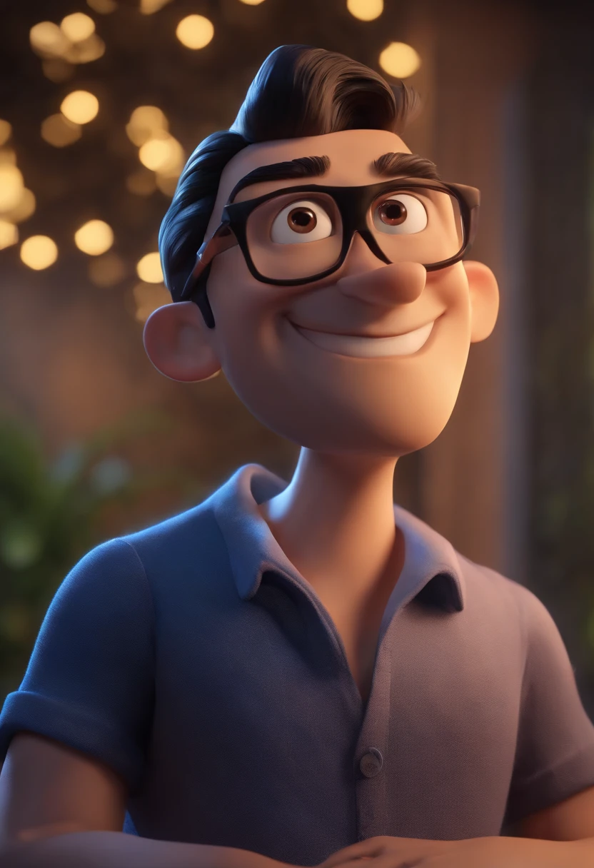 Cartoon character of a man wearing black glasses and a blue shirt, um personagem animado, Caractere estilizado, animation style rendering, 3D estilizado, Arnold Maya render, 3 d render stylized, toon render keyshot, Personagem 3D, Personagem 3D, 3d rendering stylized, 3 d character render, personagem de desenho animado, Personagem de close up, Pose de personagem, (Estilo Pixar) (master part:1.2) (Bokeh) (best quality) (pele detalhada) (textura detalhada) (8k) (argila) (Cinematic lighting) (foco nítido，Senta e vaza a parte superior do corpo