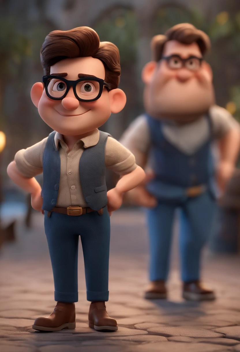 Cartoon character of a man wearing black glasses and a blue shirt, um personagem animado, Caractere estilizado, animation style rendering, 3D estilizado, Arnold Maya render, 3 d render stylized, toon render keyshot, Personagem 3D, Personagem 3D, 3d rendering stylized, 3 d character render, personagem de desenho animado, Personagem de close up, Pose de personagem, (Estilo Pixar) (master part:1.2) (Bokeh) (best quality) (pele detalhada) (textura detalhada) (8k) (argila) (Cinematic lighting) (foco nítido，Senta e vaza a parte superior do corpo