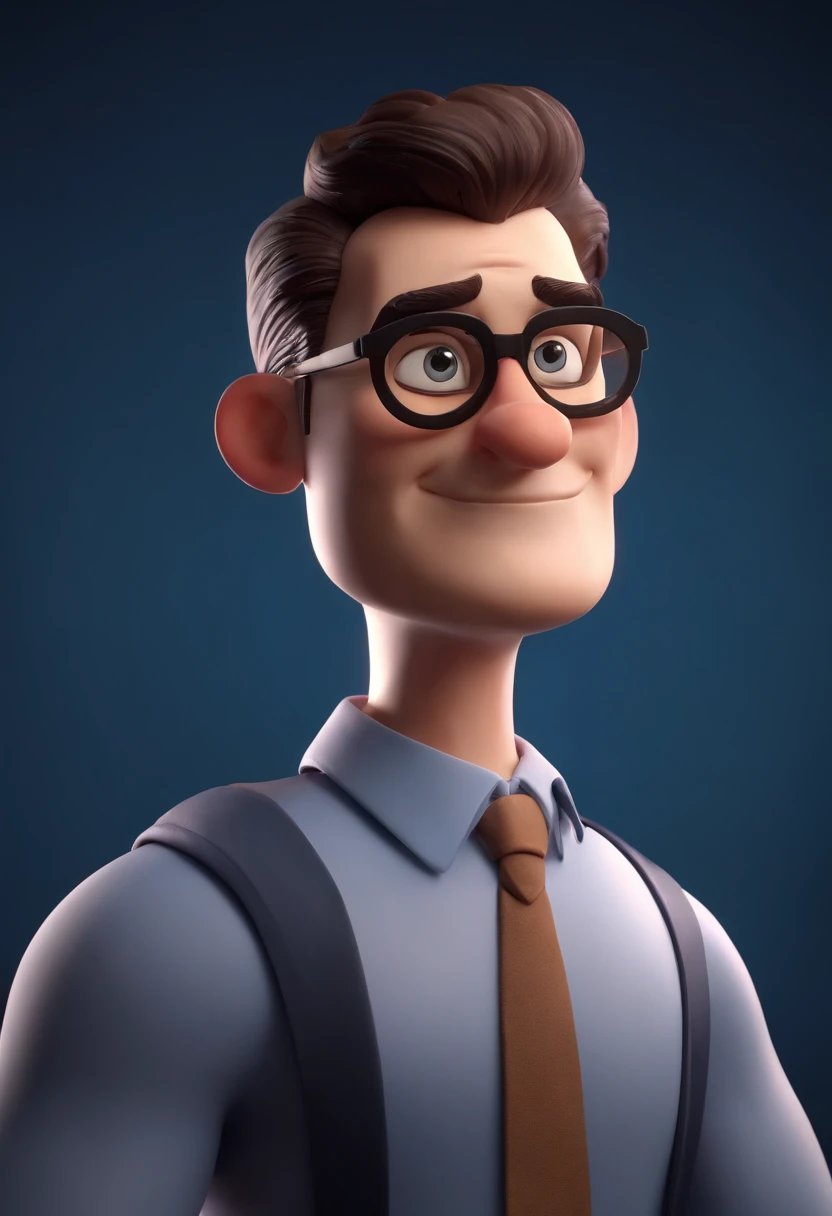 Cartoon character of a man wearing black glasses and a blue shirt, um personagem animado, Caractere estilizado, animation style rendering, 3D estilizado, Arnold Maya render, 3 d render stylized, toon render keyshot, Personagem 3D, Personagem 3D, 3d rendering stylized, 3 d character render, personagem de desenho animado, Personagem de close up, Pose de personagem, (Estilo Pixar) (master part:1.2) (Bokeh) (best quality) (pele detalhada) (textura detalhada) (8k) (argila) (Cinematic lighting) (foco nítido，Senta e vaza a parte superior do corpo