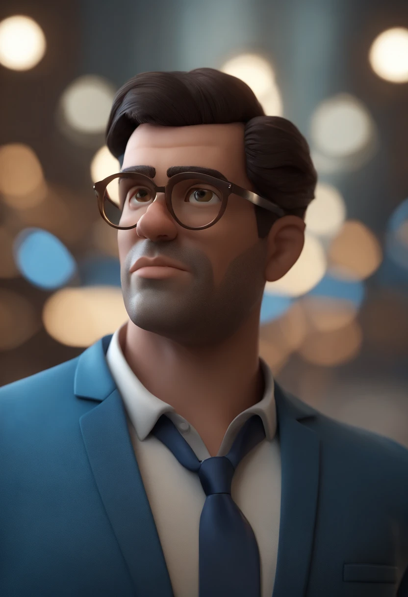 Cartoon character of a man wearing black glasses and a blue shirt, um personagem animado, Caractere estilizado, animation style rendering, 3D estilizado, Arnold Maya render, 3 d render stylized, toon render keyshot, Personagem 3D, Personagem 3D, 3d rendering stylized, 3 d character render, personagem de desenho animado, Personagem de close up, Pose de personagem, (Estilo Pixar) (master part:1.2) (Bokeh) (best quality) (pele detalhada) (textura detalhada) (8k) (argila) (Cinematic lighting) (foco nítido,Senta e vaza a parte superior do corpo