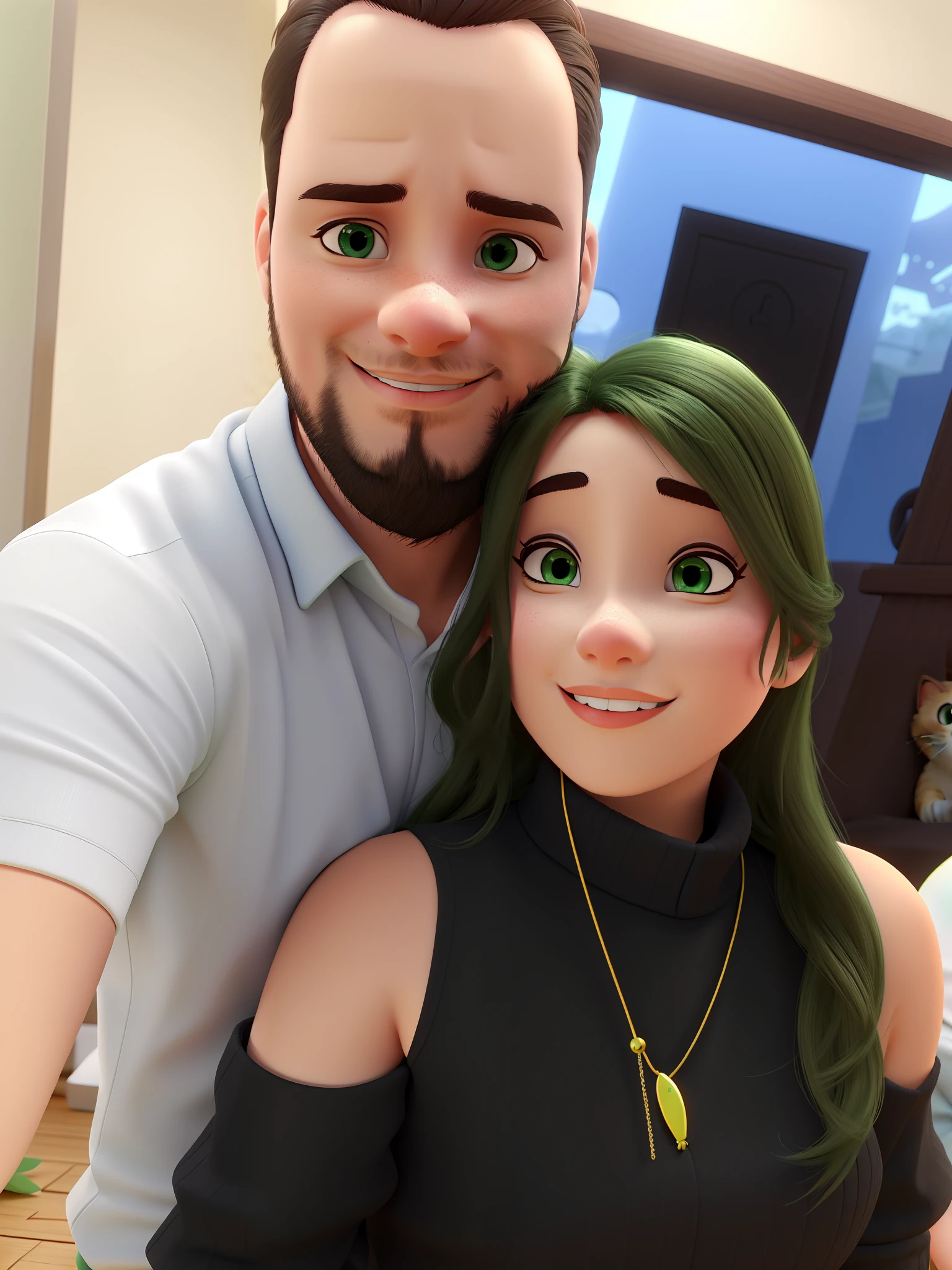 Eu e minha esposa com olhos verdes e correntinha de gatinho, com um fundo de cachoeira no estilo Disney pixart na melhor qualidade