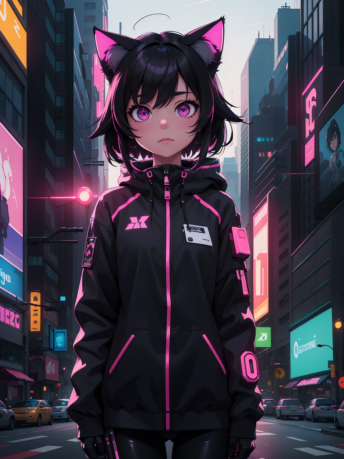 (masterpiece:1.1), (highest quality:1.1), (HDR:1.0), evening, cityscape, 1girl, solo, cat_ears, ears_down, looking_at_viewer, upper_body, black_hair, pink_eyes, outdoors, cyberpunk, science_fiction, neon_lights