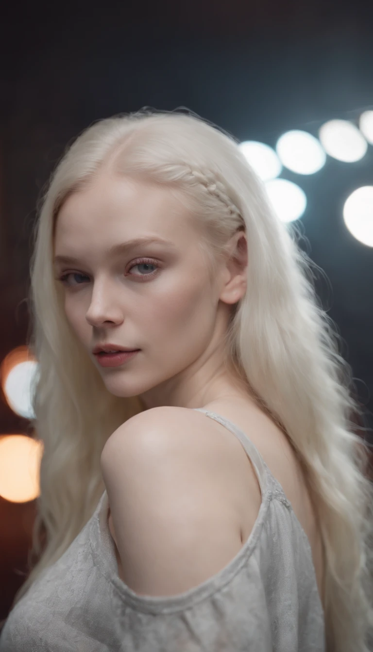 make a wonderful 20 year old albino girl in night clothes working as a Dj at night, with a brown birthmar k in your arm like 2 stars one bigger and one smaller. she is attractive. have a long hair. wearing a gray knit tank top