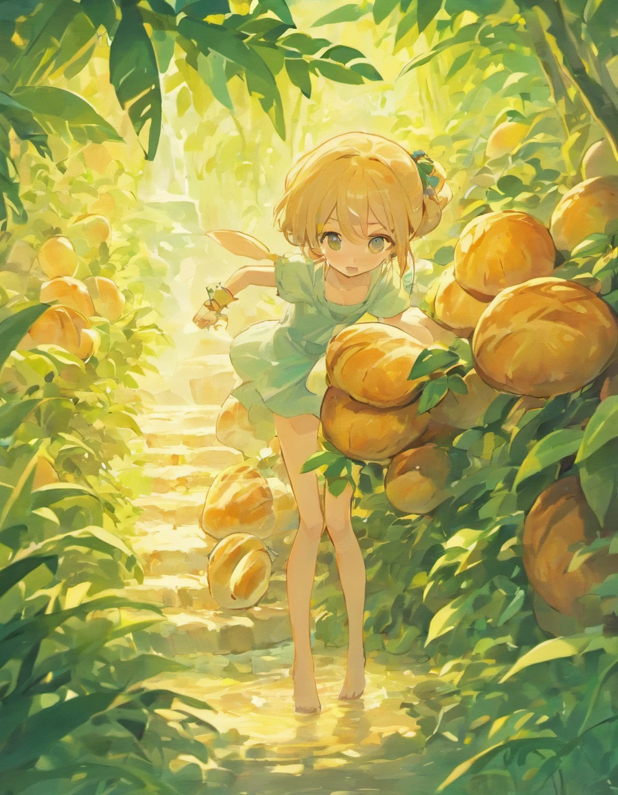 On the tree where bread grows、A variety of breads are bearing fruit。The trunk has a faucet,、From there, you can freely add cream and chocolate.。A little girl is putting cream in a loaf of bread。