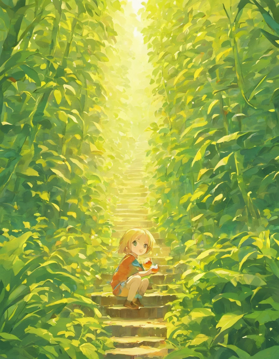 On the tree where bread grows、A variety of breads are bearing fruit。The trunk has a faucet,、From there, you can freely add cream and chocolate.。A little girl is putting cream in a loaf of bread。
