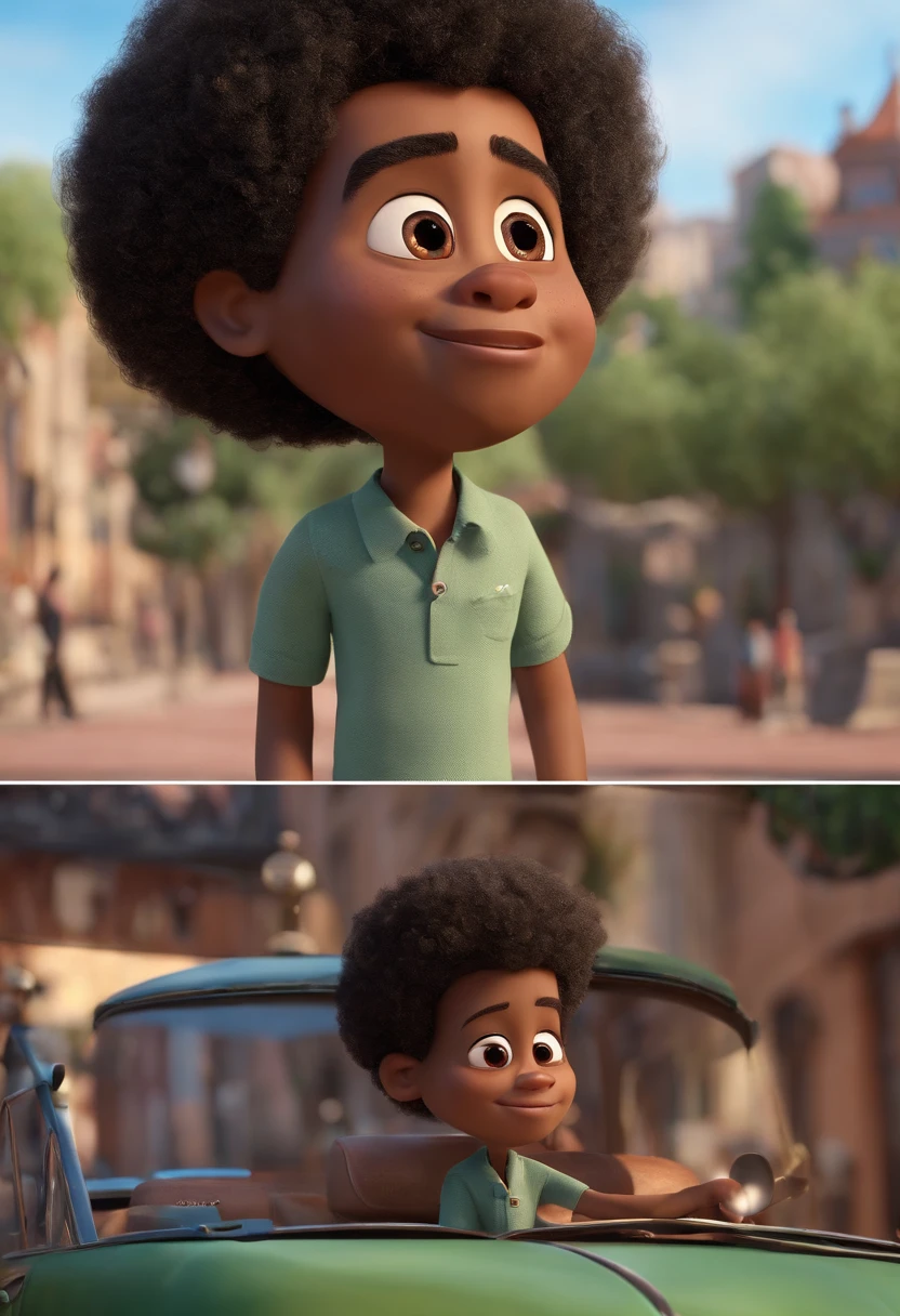 A city councilman looking at a dream project inspired by Pixar animation, de perto. The character takes center stage with captivating facial expressions, oferecendo um toque de irrealidade. (Homem negro de cabelos afro curto) Pele moreno ,(com barca cheia,) olhos castanhos escuros. With car background in 3D Pixar with very high quality and sharpness. He is an ??? driver. Tudo com muita qualidade Pixar Disney.