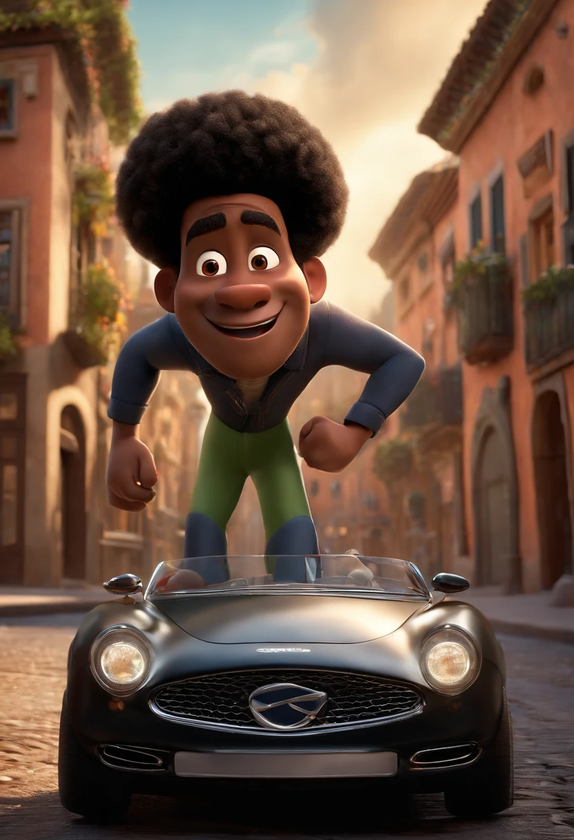 A city councilman looking at a dream project inspired by Pixar animation, de perto. The character takes center stage with captivating facial expressions, oferecendo um toque de irrealidade. (Homem negro de cabelos afro curto) Pele moreno ,(com barca cheia,) olhos castanhos escuros. With car background in 3D Pixar with very high quality and sharpness. He is an App driver. Tudo com muita qualidade Pixar Disney.