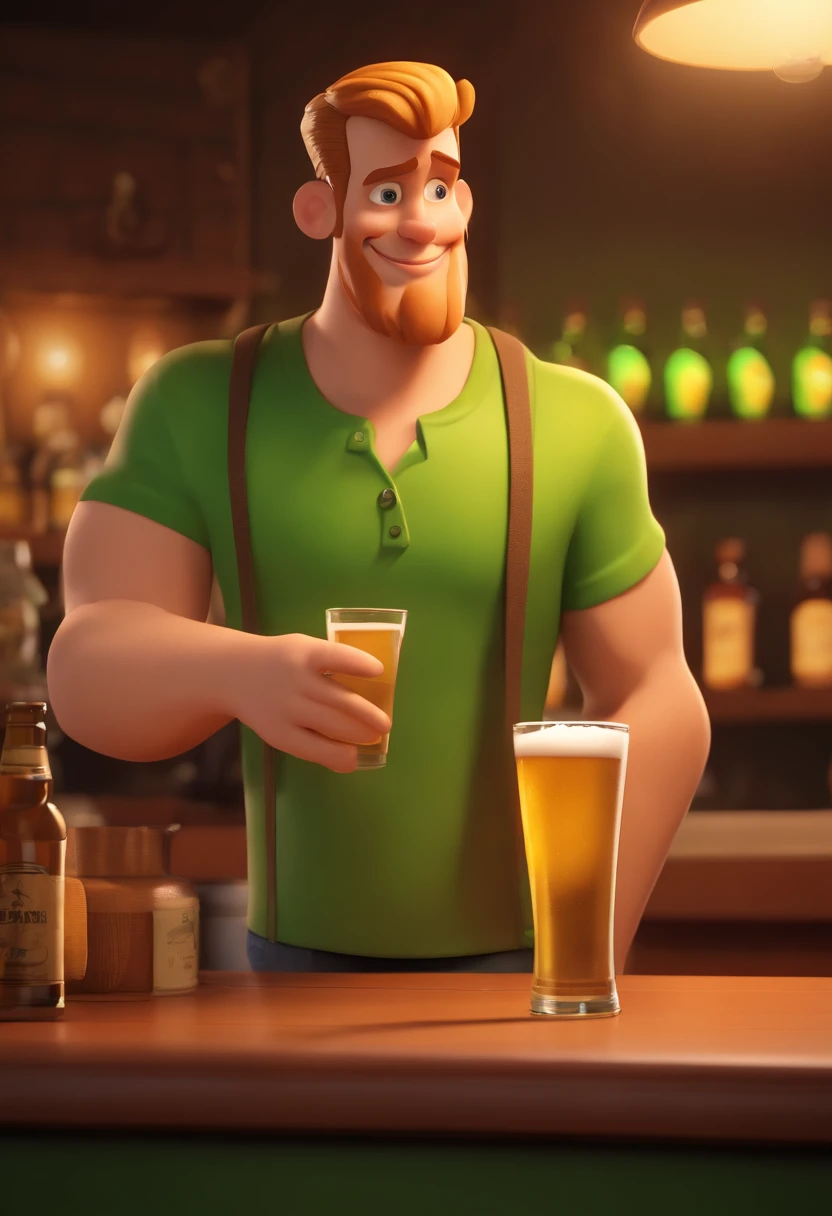cartoon character of a 30-year-old, slim man with short blond hair, short chin beard, green eyes, green t-shirt, holding a glass of beer in his hand, behind a counter in an Irish-style bar with the yellowish lights, animation character, stylized character, animation style rendering, 3d stylized, Arnold Maya rendering, stylized 3d rendering, toon keyshot rendering, 3d character, 3d character, stylized 3d rendering, 3d character rendering, character cartoon,0 Character pose, (Pixar style) (masterpiece: 1.2 ) (Bokeh) (best quality) (detailed skin) (detailed texture) (8k) (clay) (Yellowish cinematic lighting) (sharp focus, Pixar Disney style.