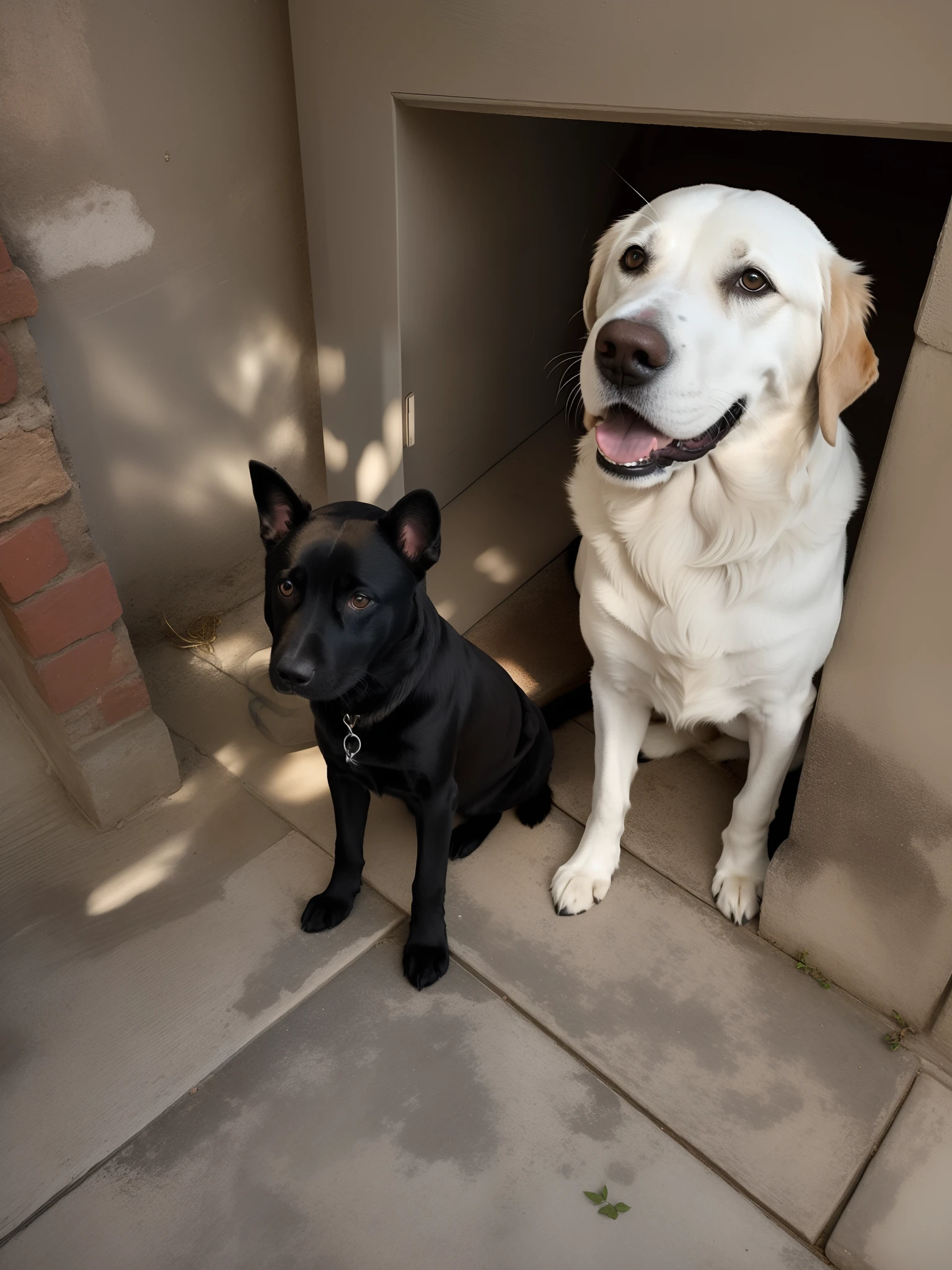 There are two dogs that are sitting in a doorway, Two dogs, preto e branco, Labrador, Directed by: Nandor Soldier, Sirius A e Sirius B, Directed by: Ivan Ranger, atordoante!, Excelente contraste, macho, preto & Branco, lab in the background, preto e branco, muito poderoso, Directed by: Stefan Gierowski, por Romain brook, black dog