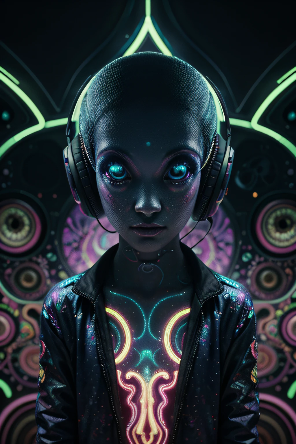 Papel de parede Alien Psy Trance com fones de ouvido, Stimulus to Art, cores vibrantes, Detailed alien creature, Swirling psychedelic patterns, neon lights, atmosfera estranha, Estilo de Arte Digital, 8K resolution