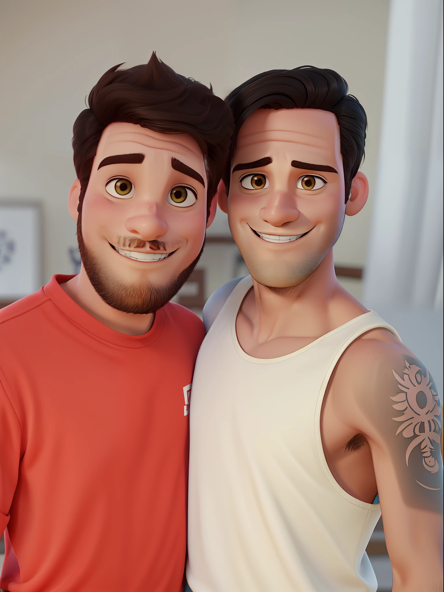Casal (dois homens branca) no estilo Disney Pixar, um de cabelo cacheado,Other Short Straight Hair Smiling For Camera High Quality, melhor qualidade.