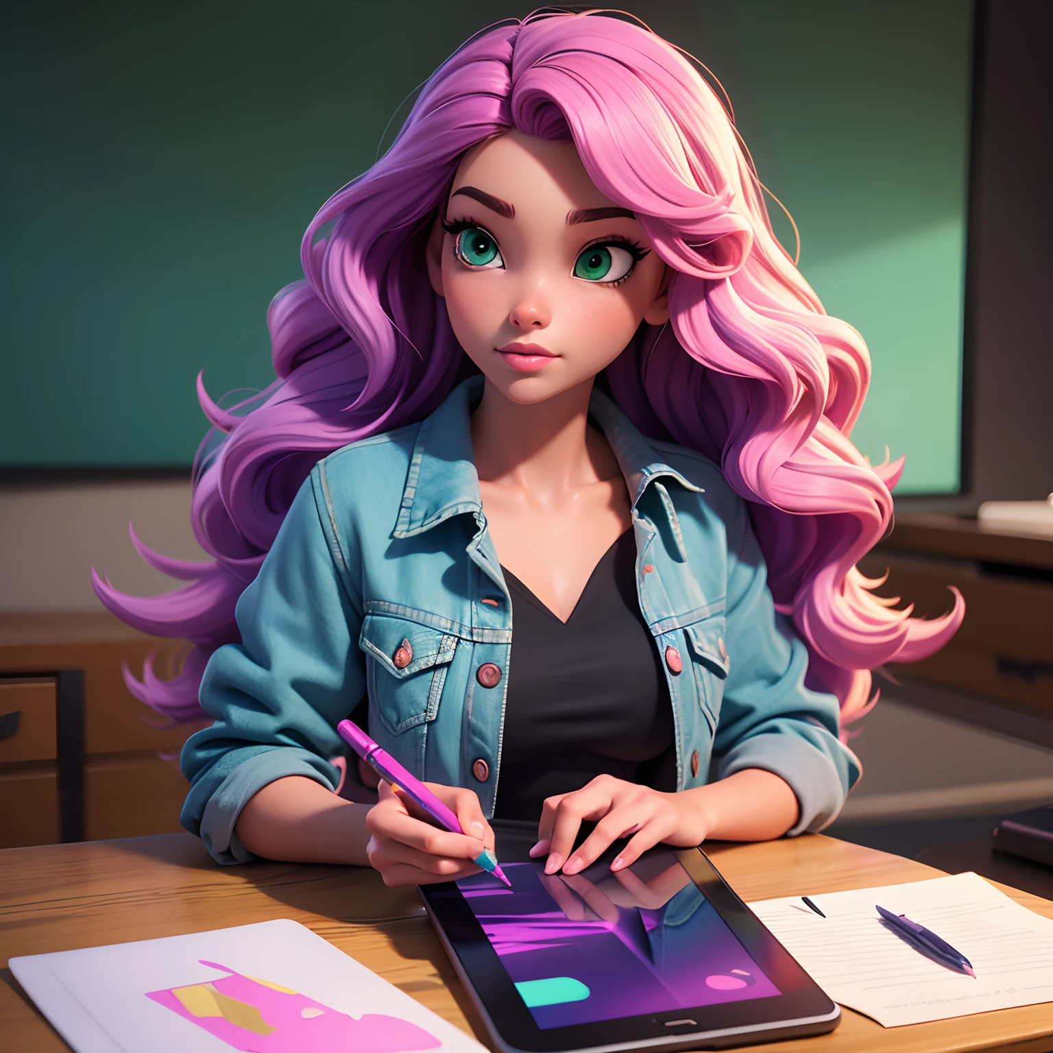 Pixar style, 3D, dark skin, girl with wavy straight hair, long red hair with pink streaks, green eyes, wearing a black blouse and pastel purple denim jacket, sitting at the desk, holding a tablet and a touch pen, home office setting modern and colorful.