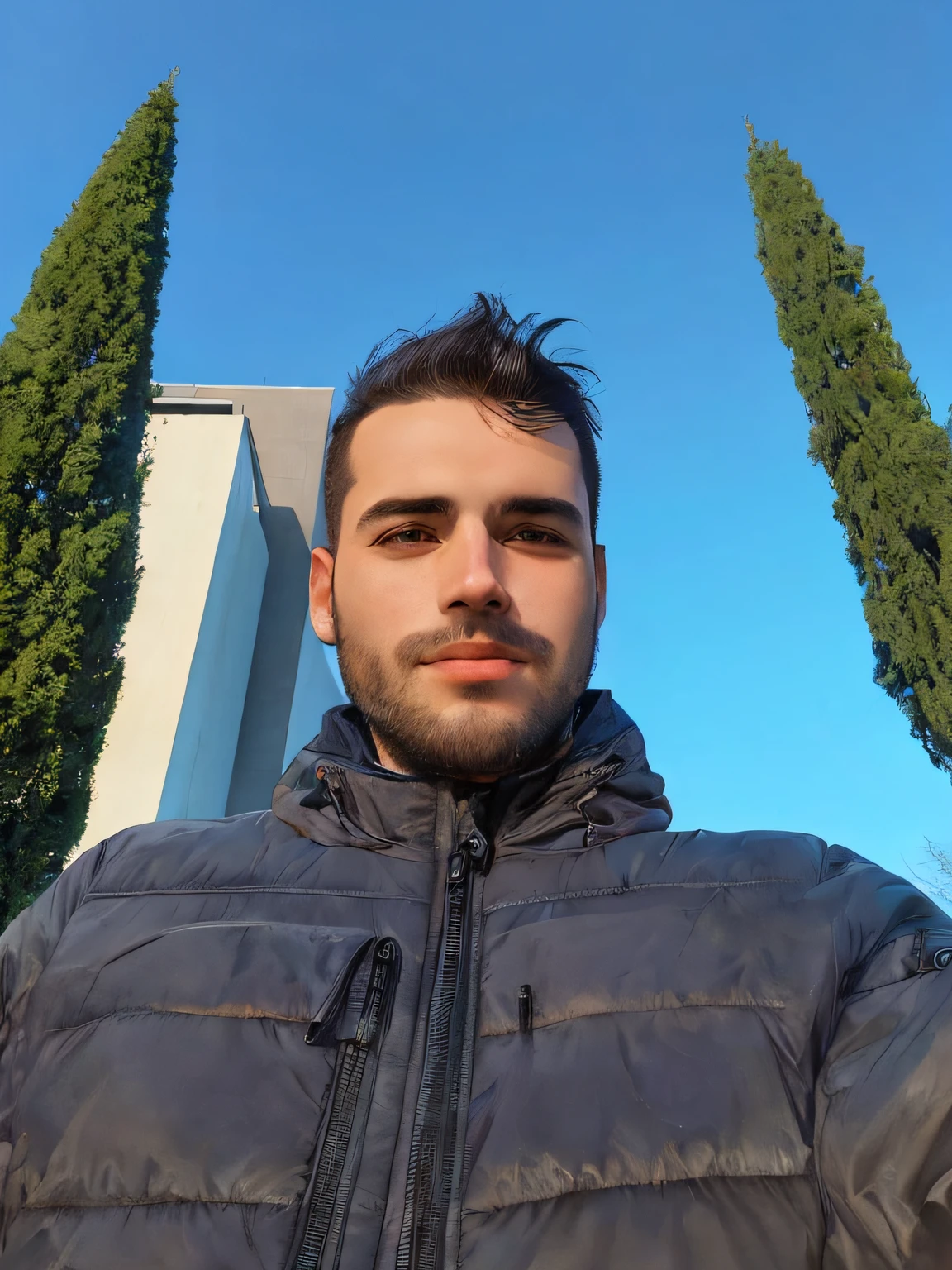Man in jacket standing in front of a tall tree, Fotografia selfie 8k, imagem frontal, edin durmisevic, foto de perfil profissional, Alexandros Pyromallis, imagem de qualidade muito baixa, Michal, Aykut Aydogdu, Retrato Grande Angular, album photo, trees in the background, Jorge Patsouras