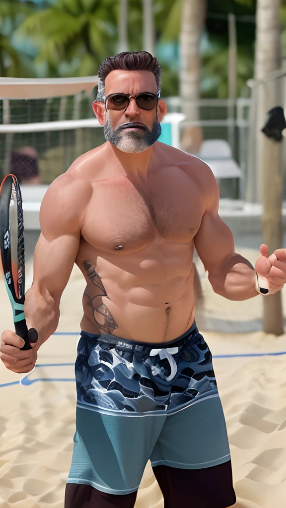 Homem forte de 45 anos, praticante de CROSSIFIT, cabelos e barba preta curta raspada, abdomen swapped and veins bulging from arm, sem camisa, wearing sunglass, bermuda de surf, holding a BEACH tennis racket, comemorando um ponto com o punho esquerdo cerrado, on a sand court... Disney Pixar style cartoon