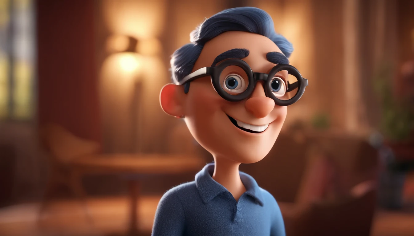 Cartoon character of a man with black glasses and a blue shirt, animation character, Caractere estilizado, animation style rendering, 3D estilizado, Arnold Maya render, 3 d render stylized, toon render keyshot, Personagem 3D, Personagem 3D, 3d rendering stylized, 3 d character render, personagem de desenho animado, Personagem de close up, Pose de personagem,  (Estilo Pixar) (master part:1.2) (Bokeh) (best quality) (pele detalhada) (textura detalhada) (8k) (argila) (Cinematic lighting) (foco nítido