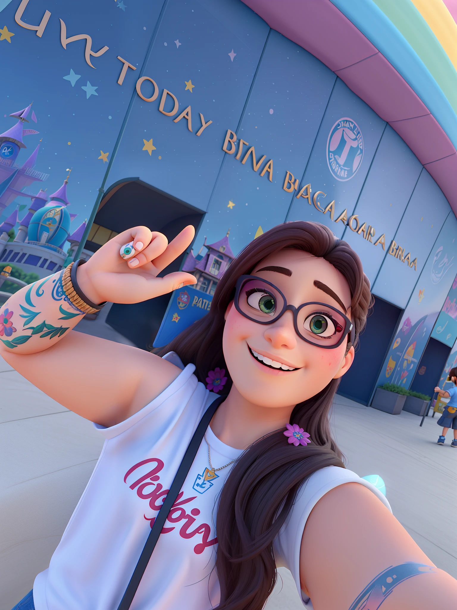Uma mulher branca feliz estilo disney pixar, pinta na bochecha, na tomorrowland, Wearing sunglasses, with tattoo on the arm, dia de sol, alta qualidade, melhor qualidade