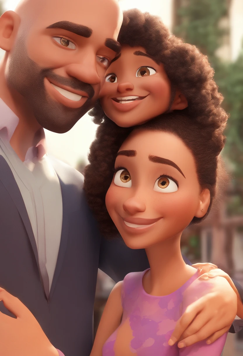 An illustration of an adorable couple, Destacando um homem e uma mulher com beleza, Expressive eyes – the man's hair is bald and black and he is black, while the woman's hair is curly and brown. They are a bright space, Todos com um sorriso no rosto, e compartilhe um momento especial, That is marked by love, viagem, and pedagogical insights. Ilustre esta cena a partir de uma perspectiva, where they're facing away from the camera, Show Your Connection. Desenvolva esta arte em Full HD, Focus on your cinematic touch, Estilo Disney Pixar Animations