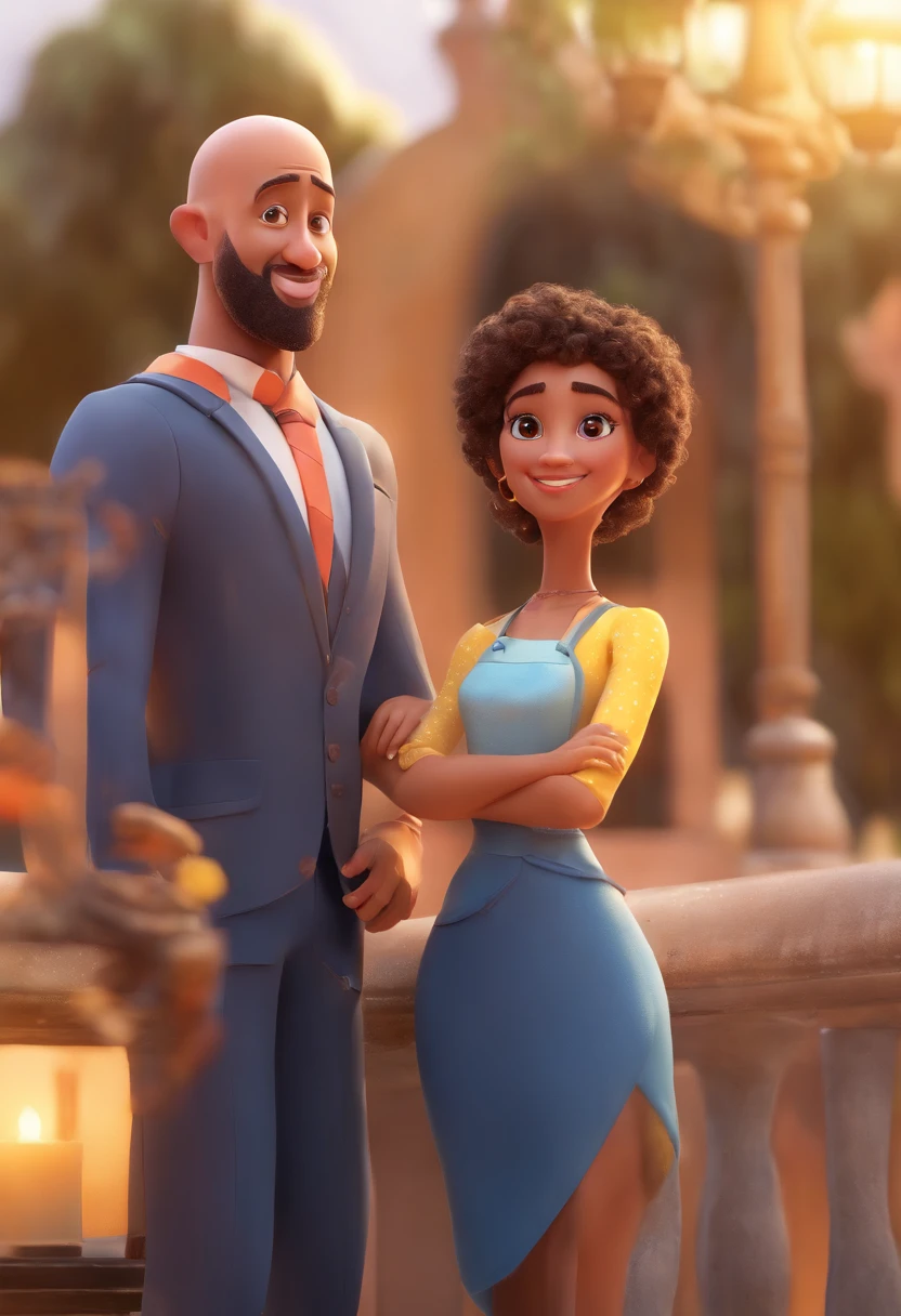 An illustration of an adorable couple, Destacando um homem e uma mulher com beleza, Expressive eyes – the man's hair is bald and black and he is black, while the woman's hair is curly and brown. They are a bright space, Todos com um sorriso no rosto, e compartilhe um momento especial, That is marked by love, viagem, and pedagogical insights. Ilustre esta cena a partir de uma perspectiva, where they're facing away from the camera, Show Your Connection. Desenvolva esta arte em Full HD, Focus on your cinematic touch, Estilo Disney Pixar Animations